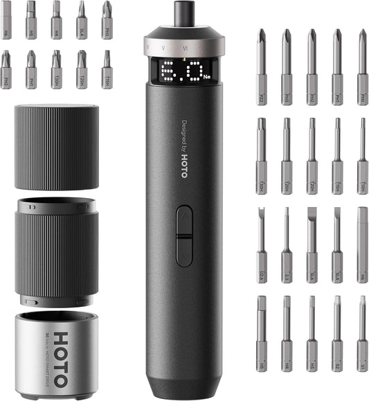 HOTO PixelDrive Electric Screwdriver, Rechargeable Cordless Screwdriver | Smart Display, 1/4'' Hex 30 Bits, 6 Torque Settings, 0.5 to 6 N·m, LED Light, Ideal for Electronics, Gadgets for Men