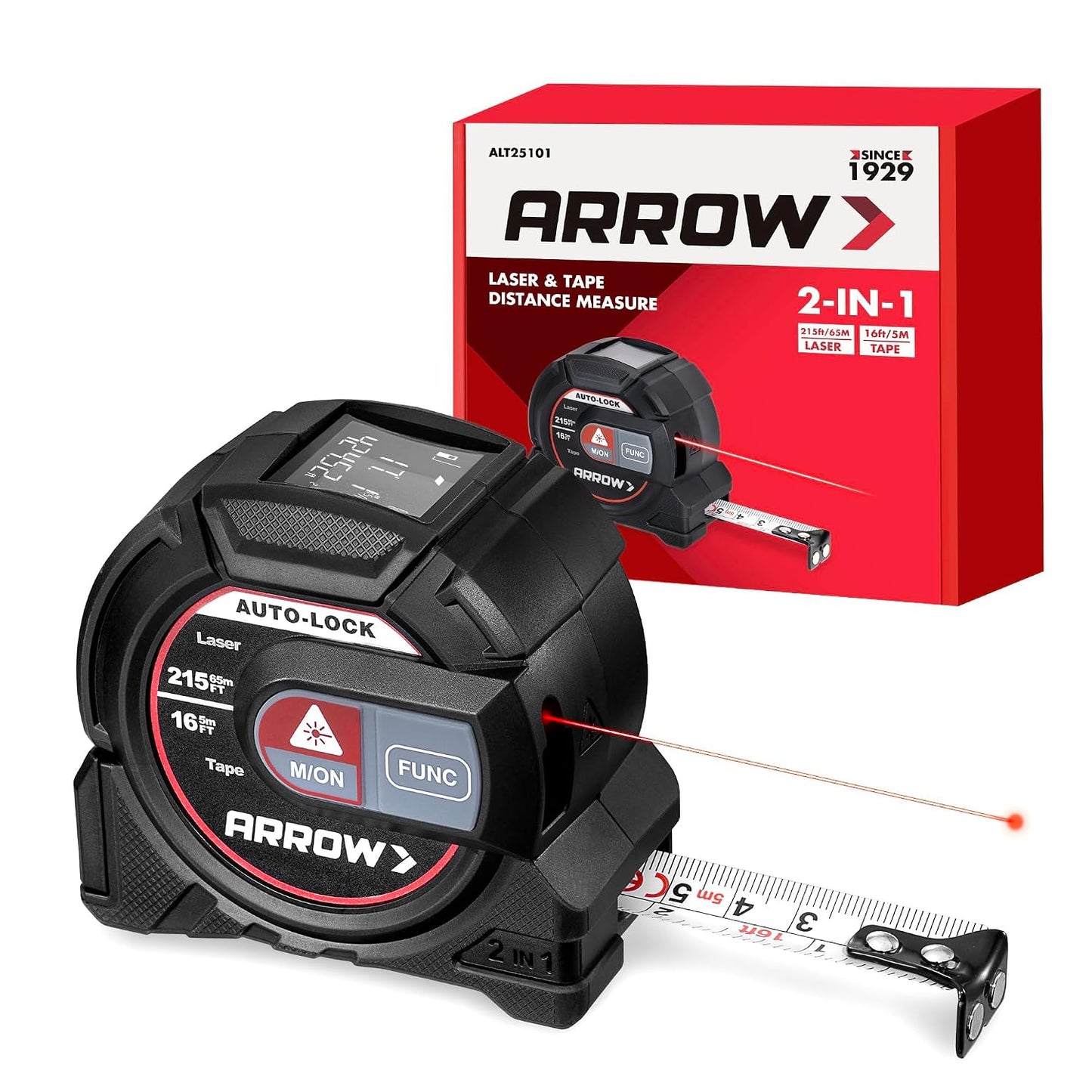 Arrow 2-in-1 Laser Tape Measure, 215Ft/65m Laser Distance Measuring Tool | 16Ft Magnetic Tape, Area Volume Calculation, Continuous Measurement, Bubble Level, Home Improvement Tool-NOT Digital