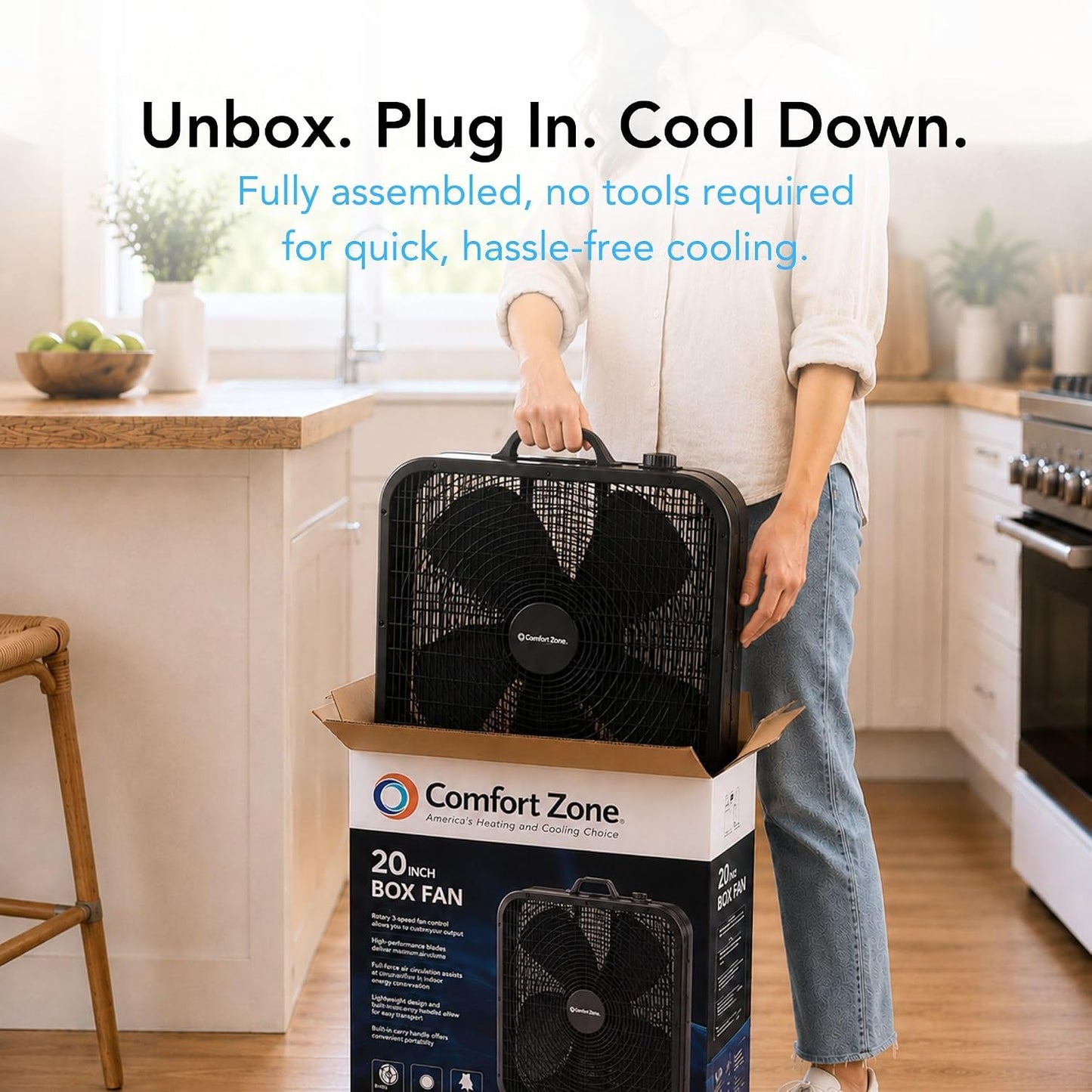 Comfort Zone Box Fan with Carry Handle, 20 inch, 3 Speed Full-Force Air Circulation with Air Conditioner, Floor Fan, Bedroom Fan, Airflow 15.03 ft/sec, Ideal for Home, Bedroom & Office, CZ200ABK