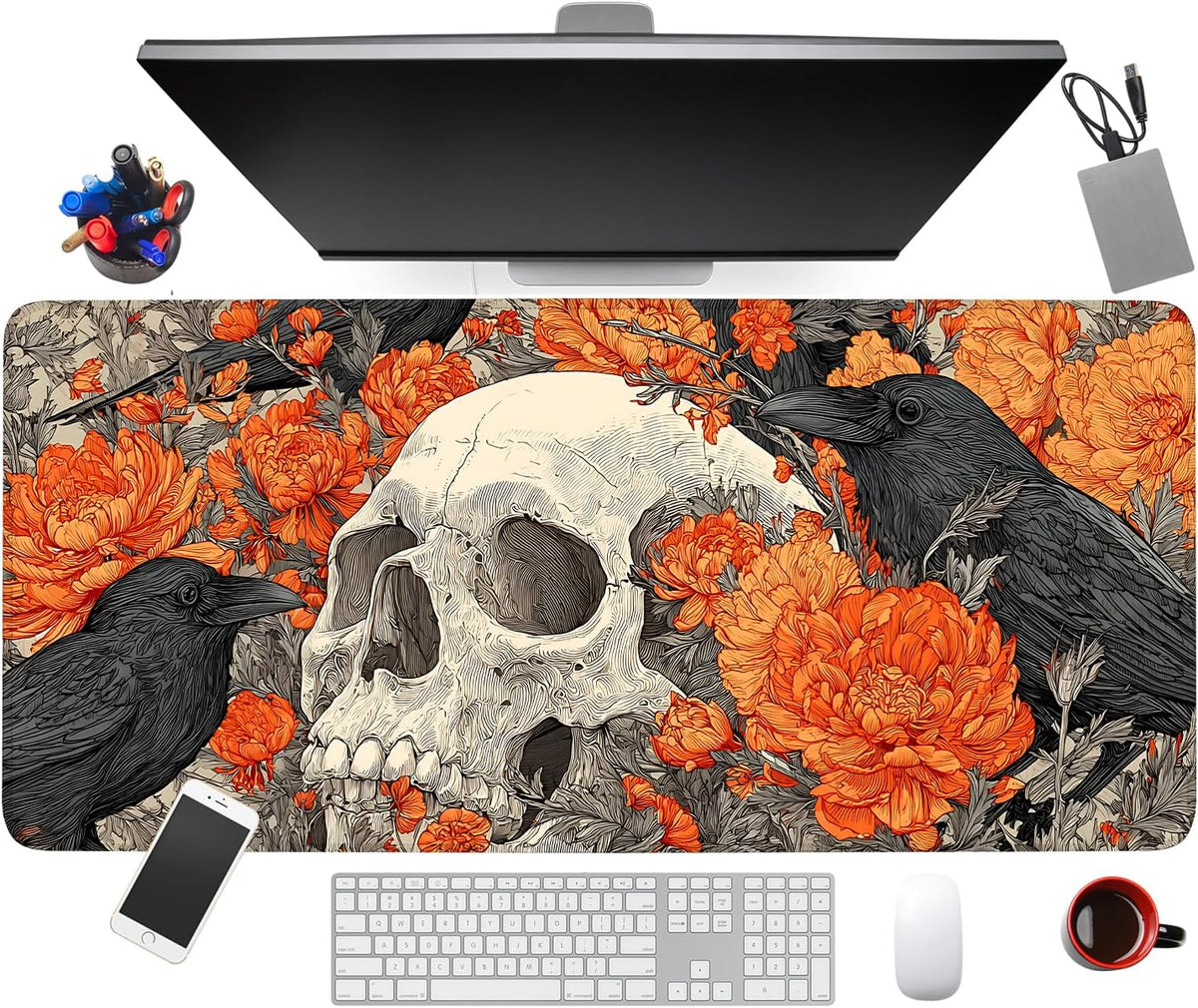 Mouse Pad Desk Mat for Desktop, Large 35.43" x 15.75" Extended Gaming Mousepad with Skull and Raven Design, Waterproof Non-Slip Rubber Base, Computer Laptop Desk Accessories for Women Men Home Office