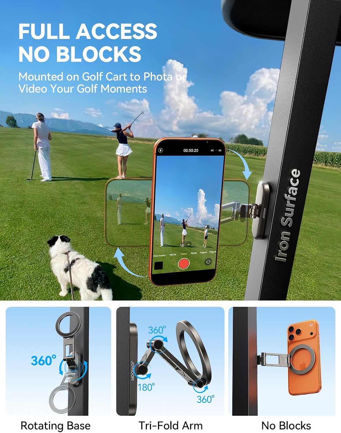 Magnetic Golf Cart Phone Holder, [Tri-Fold+All Alloy] Golf Cart Accessories | 2026 Unique Golf Gifts for Men Golfers Him Father, Compatible with MagSafe iPhone 17-12 for Club Car, EZGO, Yamaha