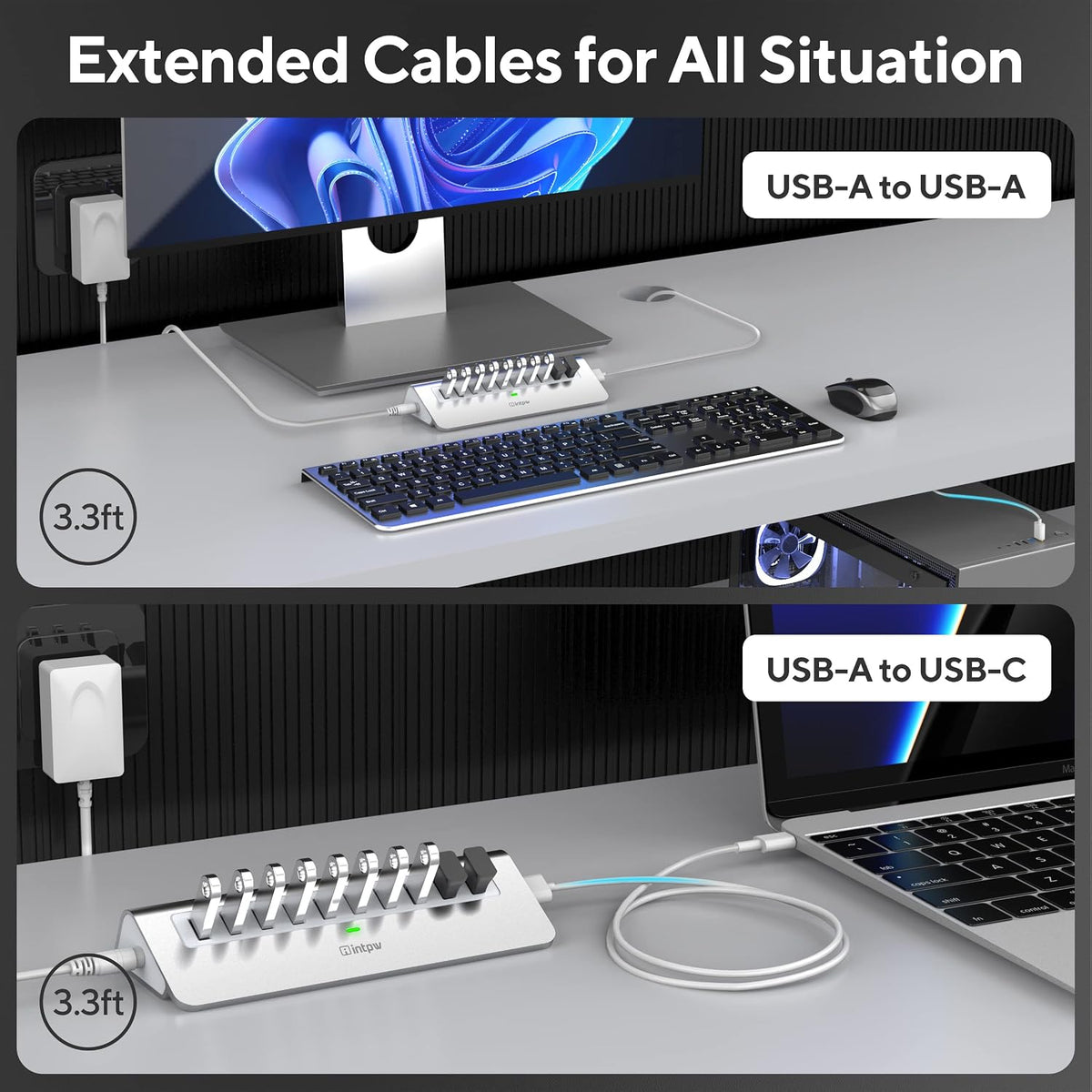 Powered USB Hub 10Gbps, intpw USB Port Hub with 10 Port USB 3.1 Data, 36W Power Adapter, 3.3FT USB-A & USB-C Cables, Aluminum USB Hub for PC, Laptop, Mac, Desktop