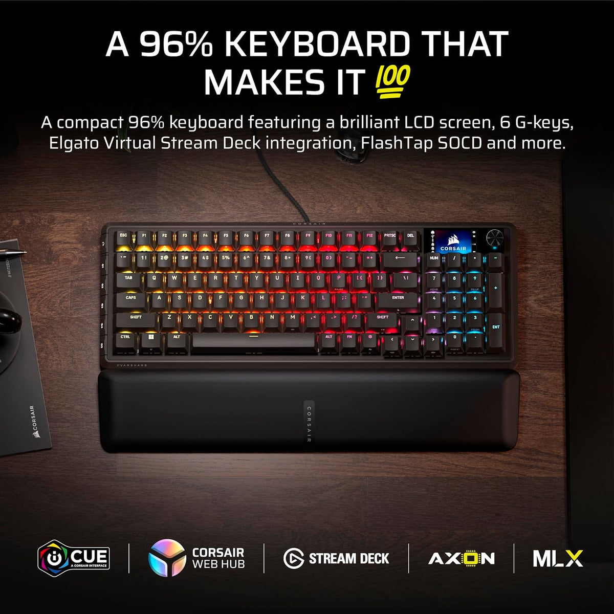Corsair Vanguard 96 Wired Mechanical Gaming Keyboard – 96% Layout, MLX Fusion Tactile Switches, 8000Hz Polling, LCD Display, Virtual Stream Deck, G-Keys, SOCD Flashtap, QWERTY US – Black