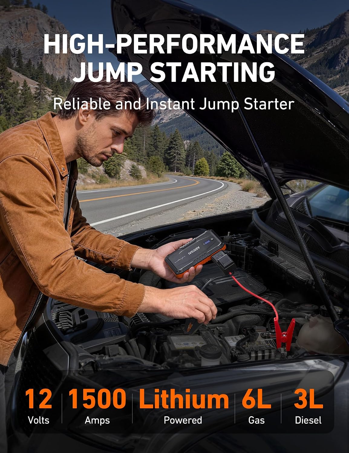 AstroAI S8 Car Battery Jump Starter 1500A – Portable 12V Lithium Jump Box with 3 Mode Flashlight, Power Bank & Smart Jumper Cables - for 6.0L Gas and 3.0L Diesel Engine,Orange