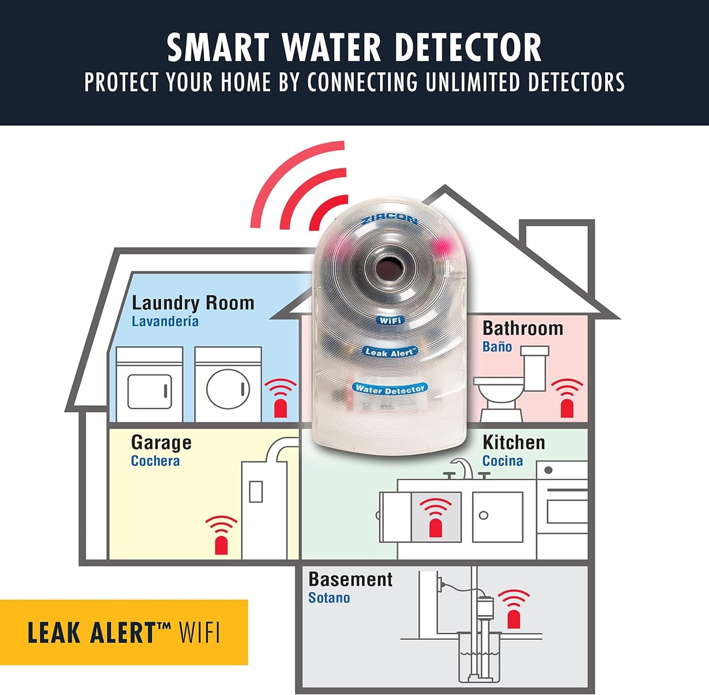 Zircon® Leak Alert™ WiFi Smart Water Leak Detector Alarm, Battery Included | No-hub WiFi detector provides email, audio and visual alerts with a 105 dB alarm; included battery supports setup