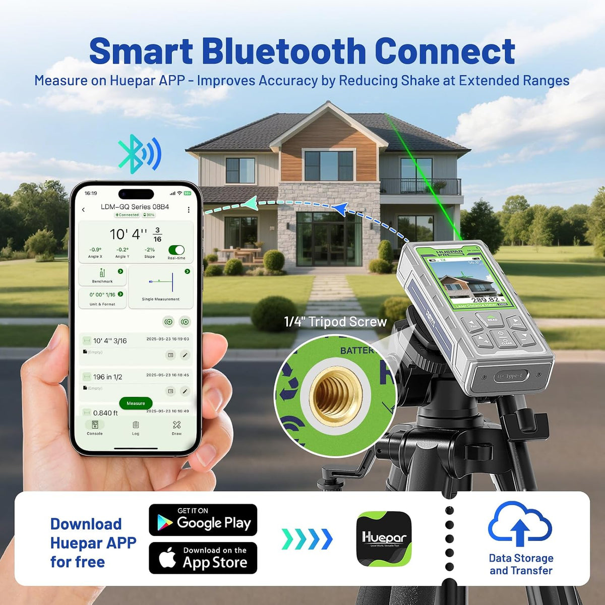 Huepar Pro Laser Measuring Tool, 495Ft Outdoor Laser Measure with Camera&Bluetooth Connected, Green Laser Distance Meter with P2P Technology, Free APP, IP68, Micro USB Cable, Hand Strap&Pouch-SW-150GQ