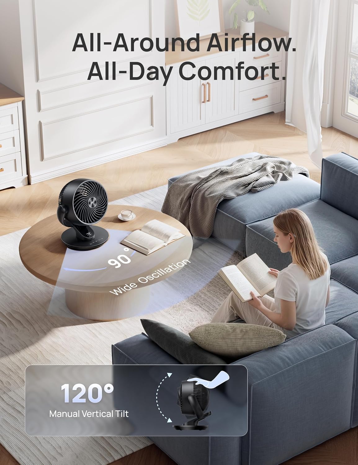 DREO Smart Fan for Bedroom, 120° Vertical and 90° Oscillating Fan with Voice Control, 13 Inch Quiet Air Circulator for Whole Room, 70 ft, 4 Speeds, 5 Modes, 12H Timer, Desk Fans for Home, Office