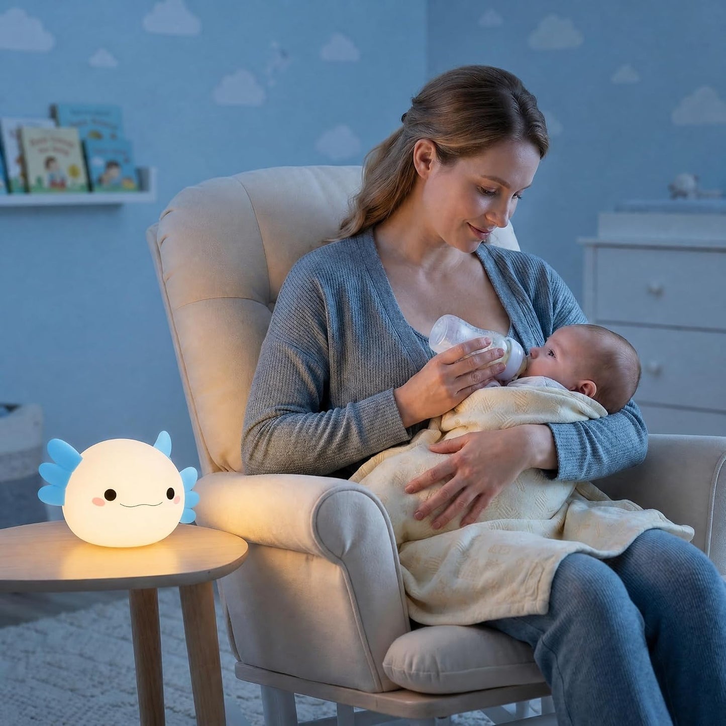 Blue Axolotl Night Light for Kids, Squishy Silicone Nursery Lamp | Touch Control, 24-Hour Battery, 20-Min Timer, 3000K Warm LED, BPA-Free Silicone, Baby Nursery Decor, Gift for Kids