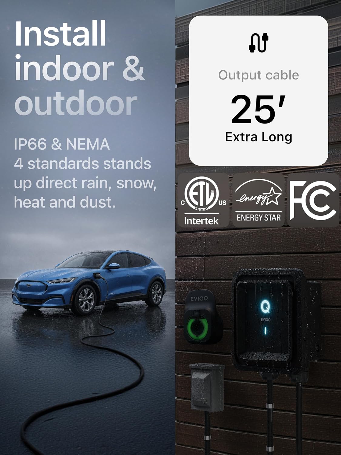 Level 2 EV Charger J1772 48A - Hardwired 240V Wall Charging Station | up to 50 mph, 25ft Cable, Enhanced WiFi (2.4GHz), Smart App, Weatherproof Indoor/Outdoor (IP66, NEMA 4), UL & ETL Certified