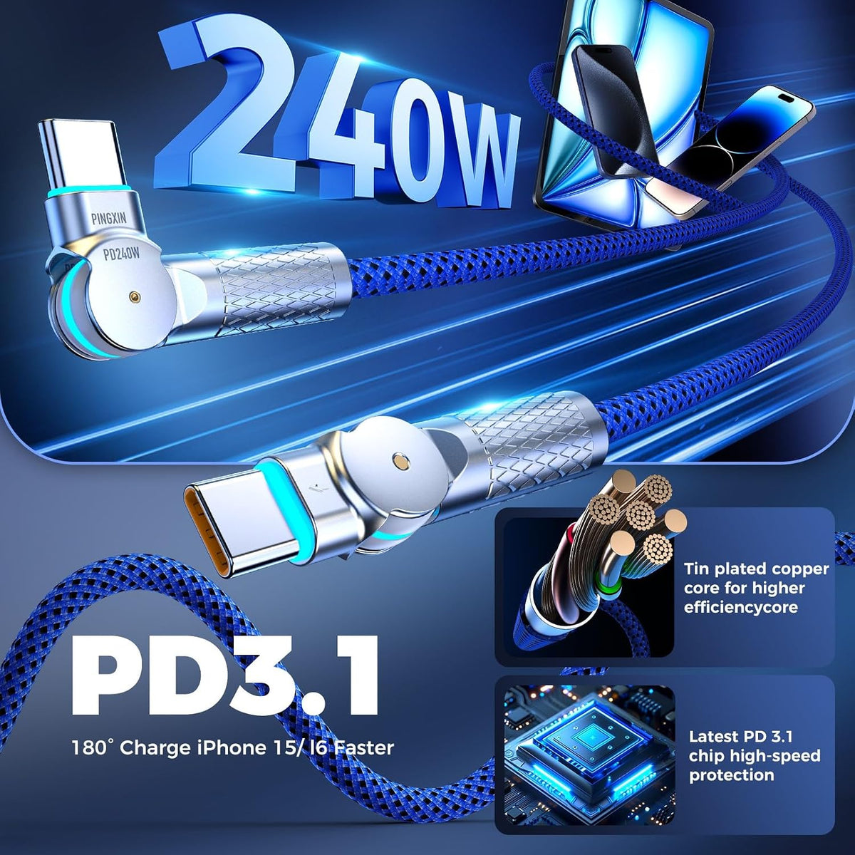USB C to USB C Cable10ft,240W 2-Pack Braided 180°Rotating Type C Charging CableFast Charge for iPhone 15/16/16Pro/16Plus/16ProMax,MacBook Air,iPad Pro,Pixel,Samsung Galaxy S23/S24 Ultra-Blue