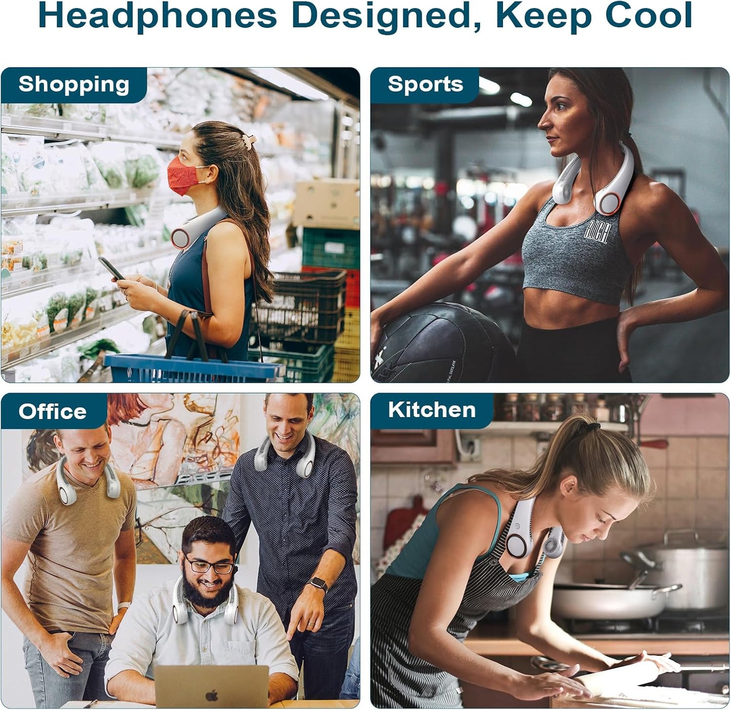 CIVPOWER Neck Fan: Portable Personal Neck Cooling Rechargeable Bladeless Fan - Hands Free 3 Speed 4000 mAh Battery USB Operated Wearable Headphone Design - Gift for Men Women Outdoor (White)