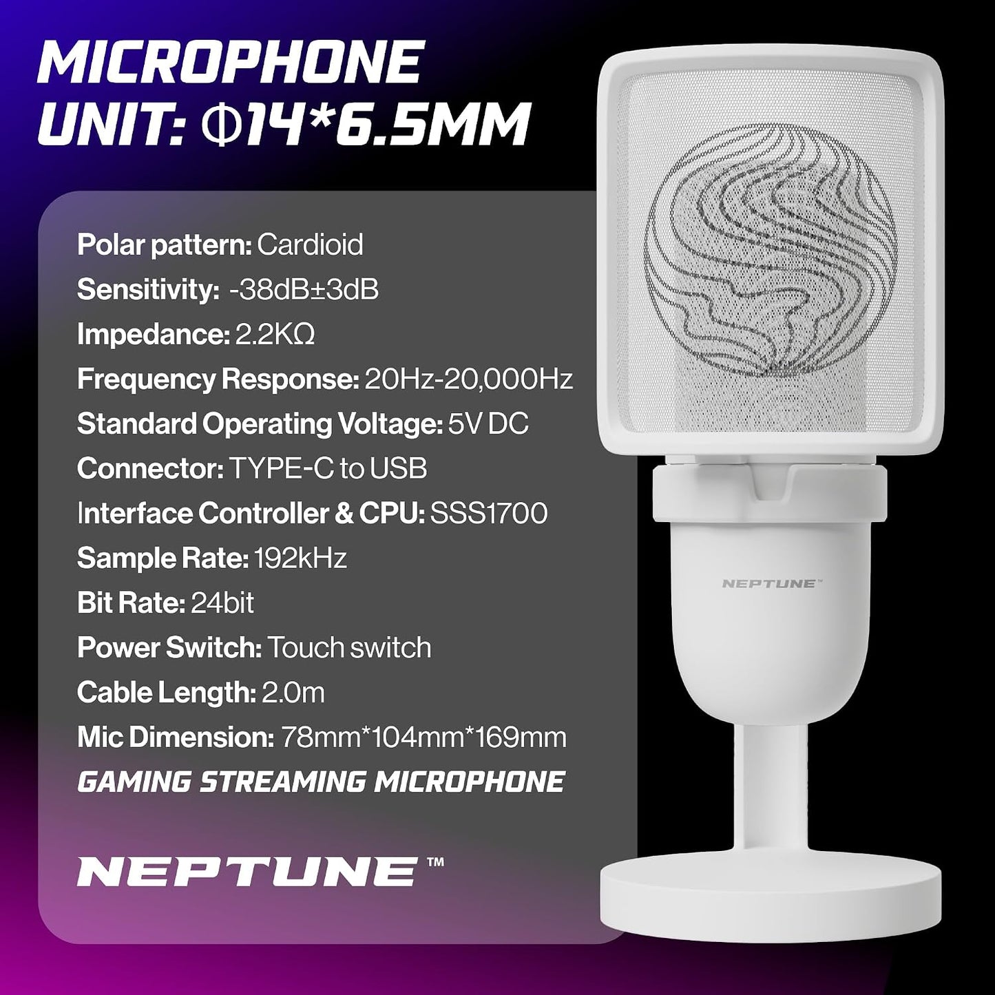 Neptune Sonus Gaming Microphone | Streaming Mic With Pop Filter for Vocal Clarity | Desktop Mic for Streaming, Gaming, Recording, & Podcast | PC Microphone With Type-C to USB Cable (White)