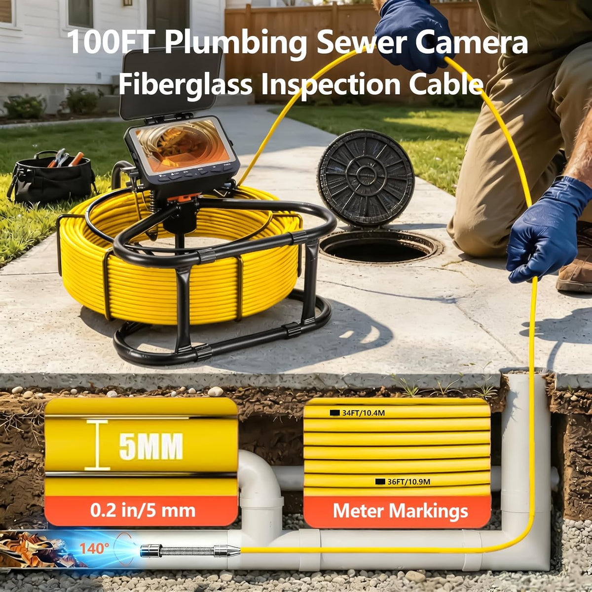 Sewer & Drain Camera 100FT, 4.3" HD Plumbing Inspection Camera 1080P IP68 | 17mm Probe, 6 LEDs, 5000mAh, 16GB DVR, Meter Counter, IP68 for Sewer Line, Drain Pipe, Plumbing & Pipe Inspection Camera