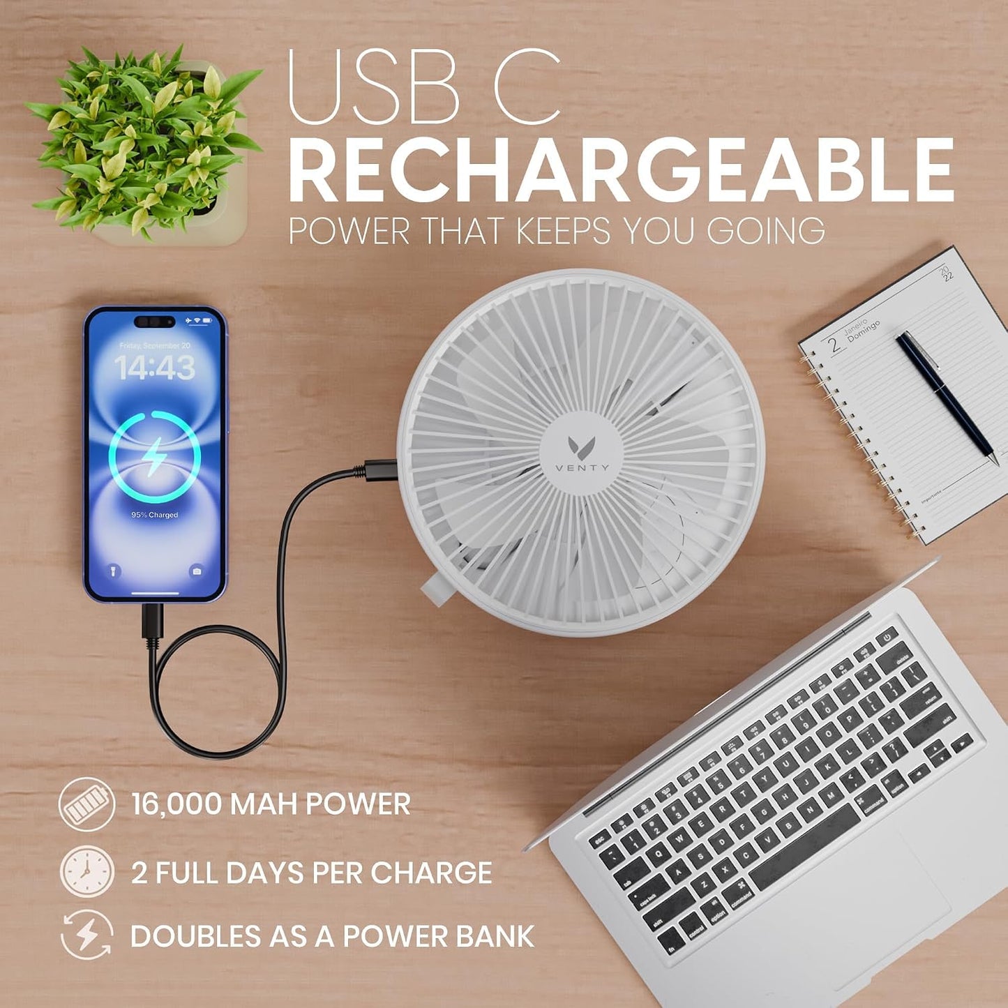 VENTY Portable Fan - Wireless Battery Operated Fan - 4 Speeds - LED Lighting - Carry Case & Remote Control - Cruise Travel - Outdoor Travel RV Power Bank With USB-C Port (White with Case)