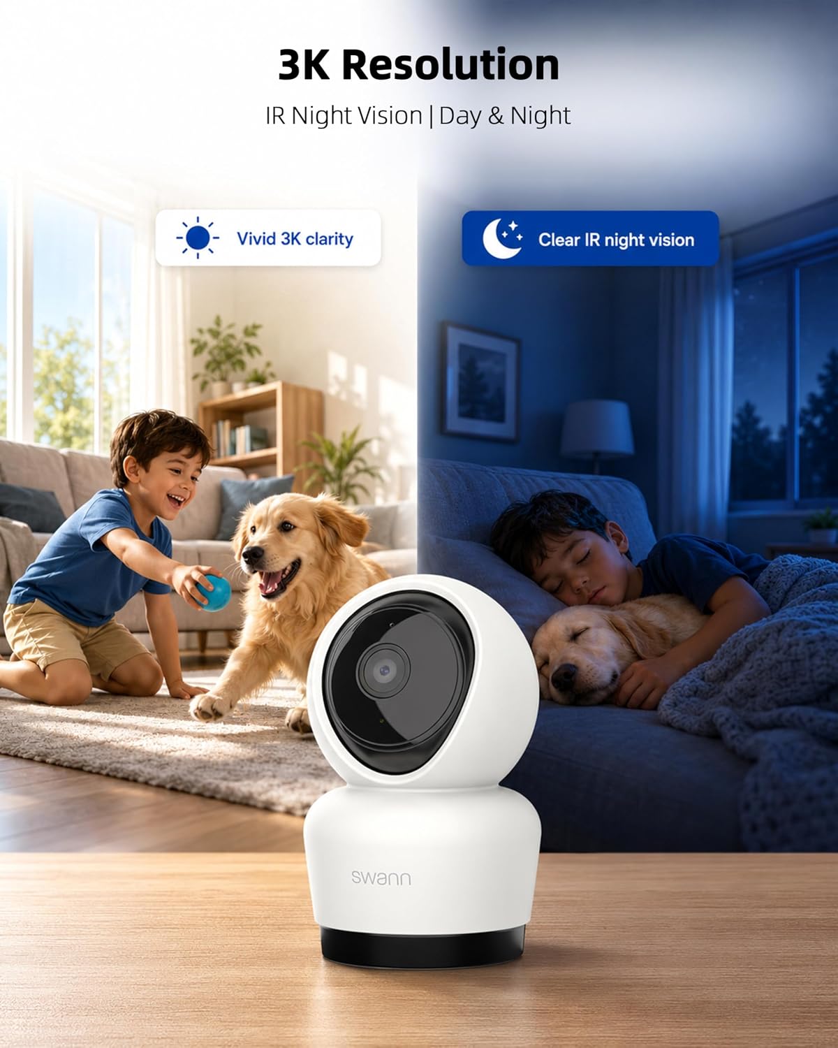 Swann 3K Indoor Pan Tilt WiFi Security Camera, 5MP Plug-in Home PT Camera with Night Vision, Two-Way Audio, Human Motion Detection, Work Security APP（2 Packs