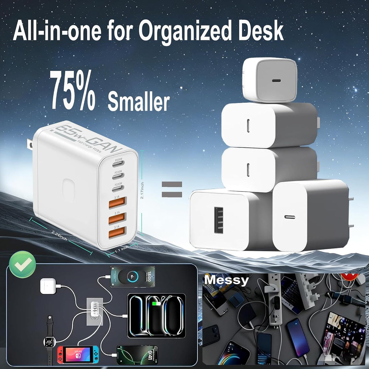 2 Pack 65W Multiport USB C Charging Block,6-Port Charger Station Wall Plug | PD QC 3.0 Fast Charging Power Adapter with Type C Usb A Cord,for iPhone 17 16 15 Samsgung Galaxy,Google Pixel,iPad,Air Pods