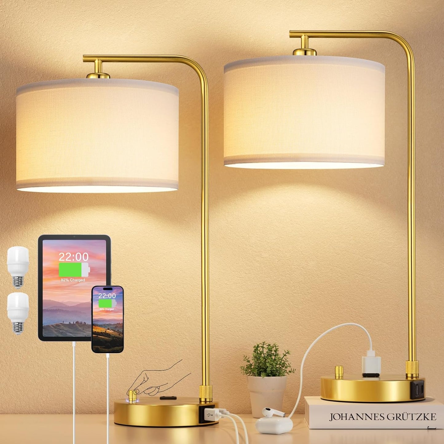 Gold Bedside Lamps Set of 2, Fully Dimmable Lamps for Night Stands, USB A+C | Modern, Linen Lampshade, USB Port and Outlet, Tall Desk Lamps for Bedroom, Nightstand, Living Room, Home Office, End Table