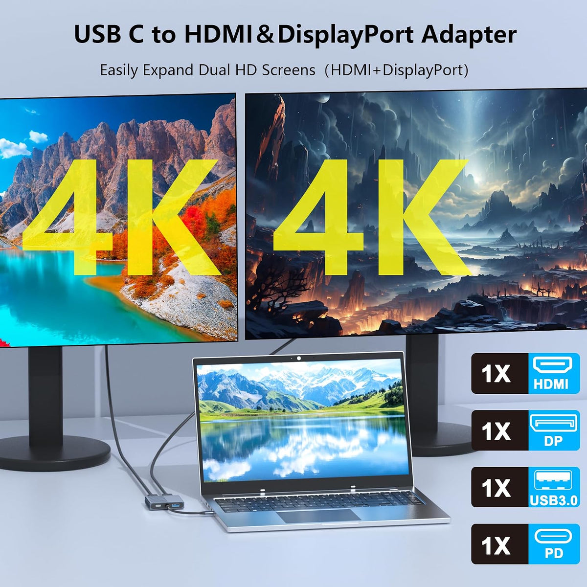 USB C to HDMI and DisplayPort Adapter, 4K @60Hz Dual Monitor Adapter for Dell/HP/Mac Laptops, USB Type C to Display Port and HDMI Multiport with USB3.0/PD, USB C Hub, Docking Station Dual Monitor