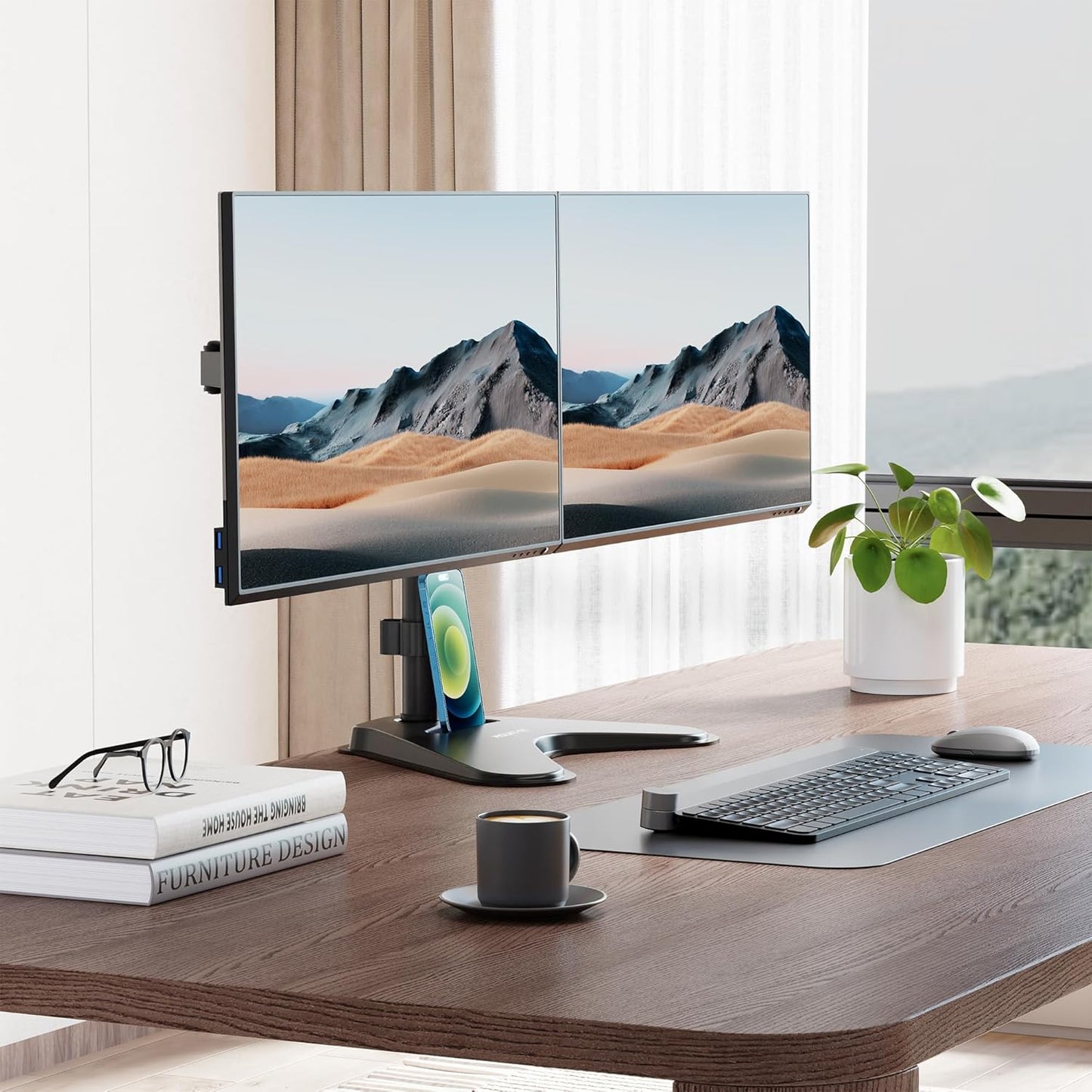 Mount-It! Dual Monitor Desk Stand Mount for 2 Screens VESA 75x75 & 100x100 | For Monitors up to 32”, Height Adjustable with Tilt, Swivel & Rotation
