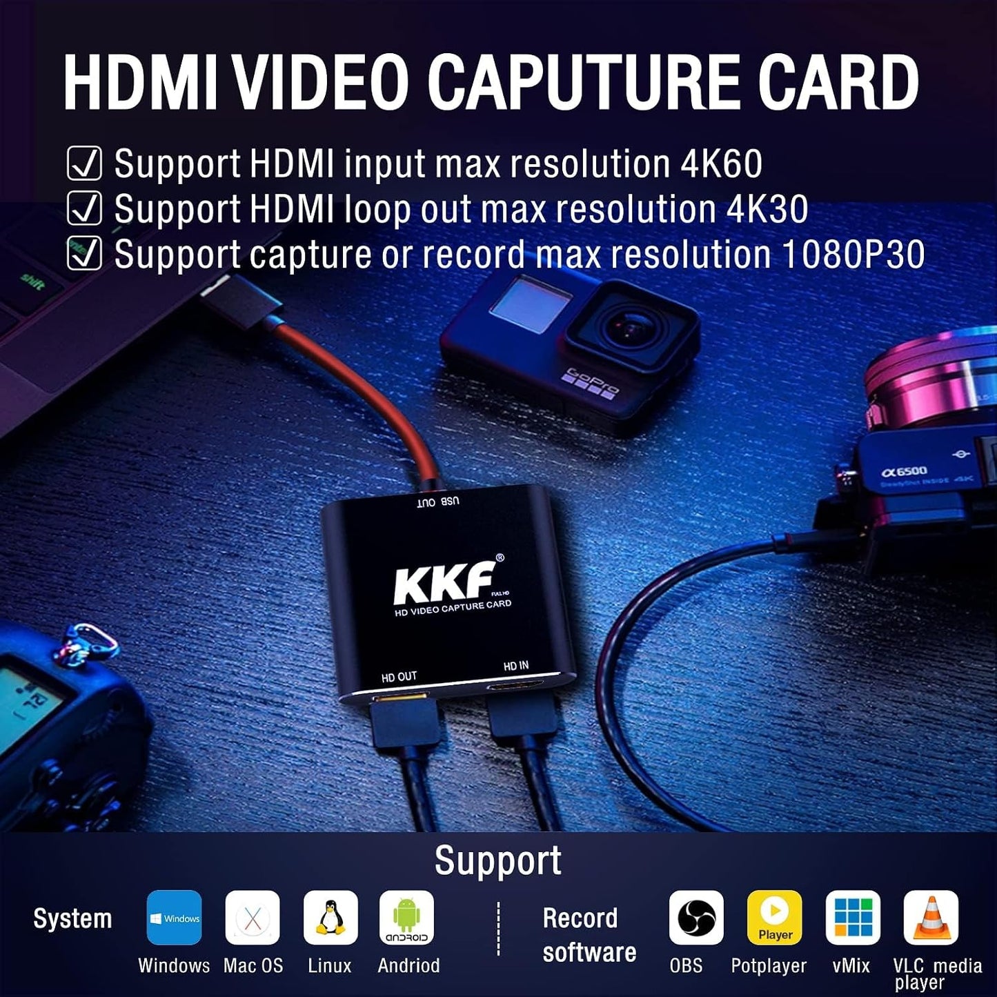 KKF Capture Card, 4K HDMI Capture Card for Switch,Video Capture Card for Streaming and Recording PS5 PS4 Xbox Series X/S Nintendo Switch in DSLR OBS with HD Ultra-Low Laten