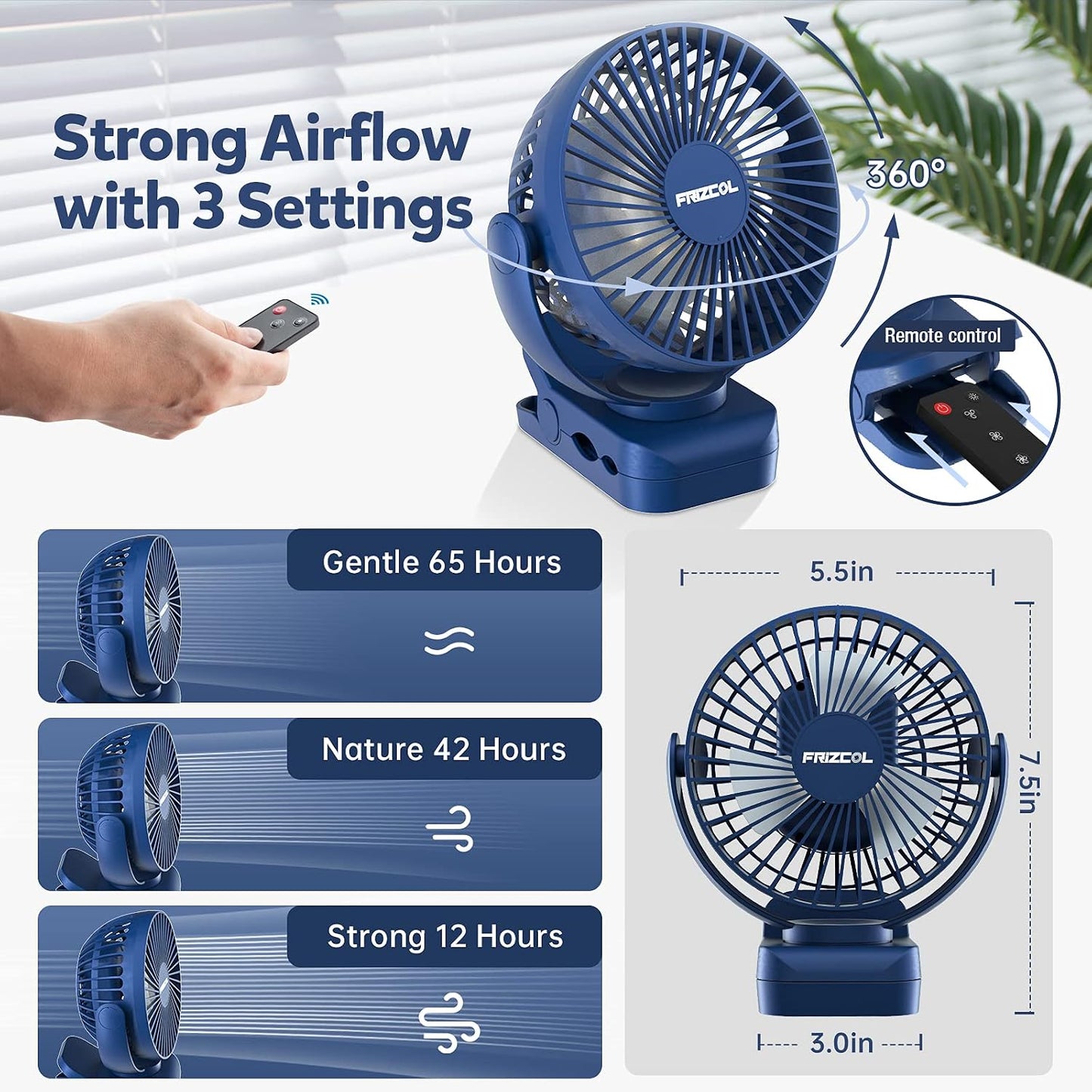 Clip on Fan, 65H Working Time Rechargeable Fan with LED Lights/Remote/Hooks | 12000mAh Battery Powered Fan with Strong Clamp, Small Desk Fan Mini Fans for Tents Travel Outdoor Camping Golf Cart Stroller