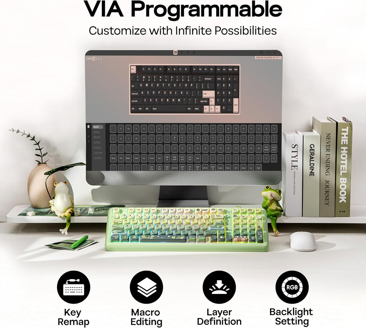 KiiBoom Phantom98 Lite 96% Wireless Mechanical Gaming Keyboard, VIA Programmable, Creamy Keyboard with Gasket, 8000mAh Battery, Hot Swap, RGB Backlits, NKRO for Win/Mac (Green, Mossy Silent Switch)