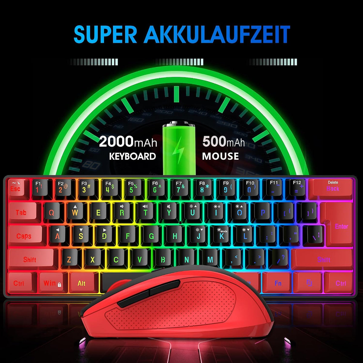 Snpurdiri 2.4G 60% Wireless Gaming Keyboard and Mouse Combo, Red-Black