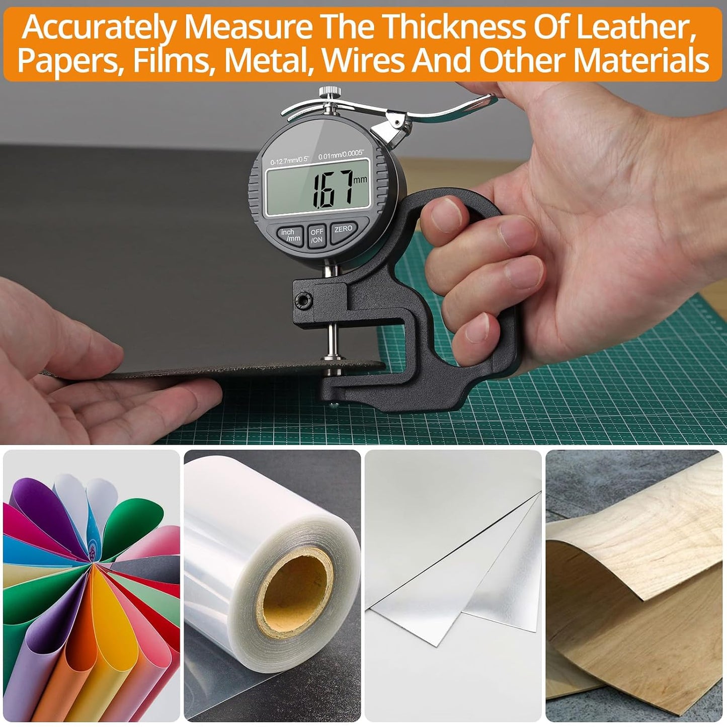 Neoteck Digital Thickness Gauge 0.5inch/12.7mm,0.0005inch/0.01mm Accuracy | with LCD Display, Inch/MM Conversion ,One-Hand Quick Press Thickness Measuring Tool for Leather Paper Fabric Film -Grey