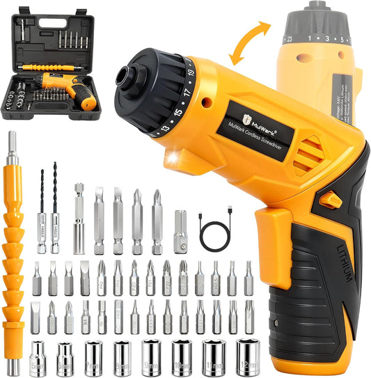 MulWark Electric Screwdriver Set, 4V Cordless Screwdriver with 46 Precision Driver Bit Set in Carrying Case Rechargeable 2-Position Handle, Powered Screwdriver Kit for Home Improvement, DIY Projects