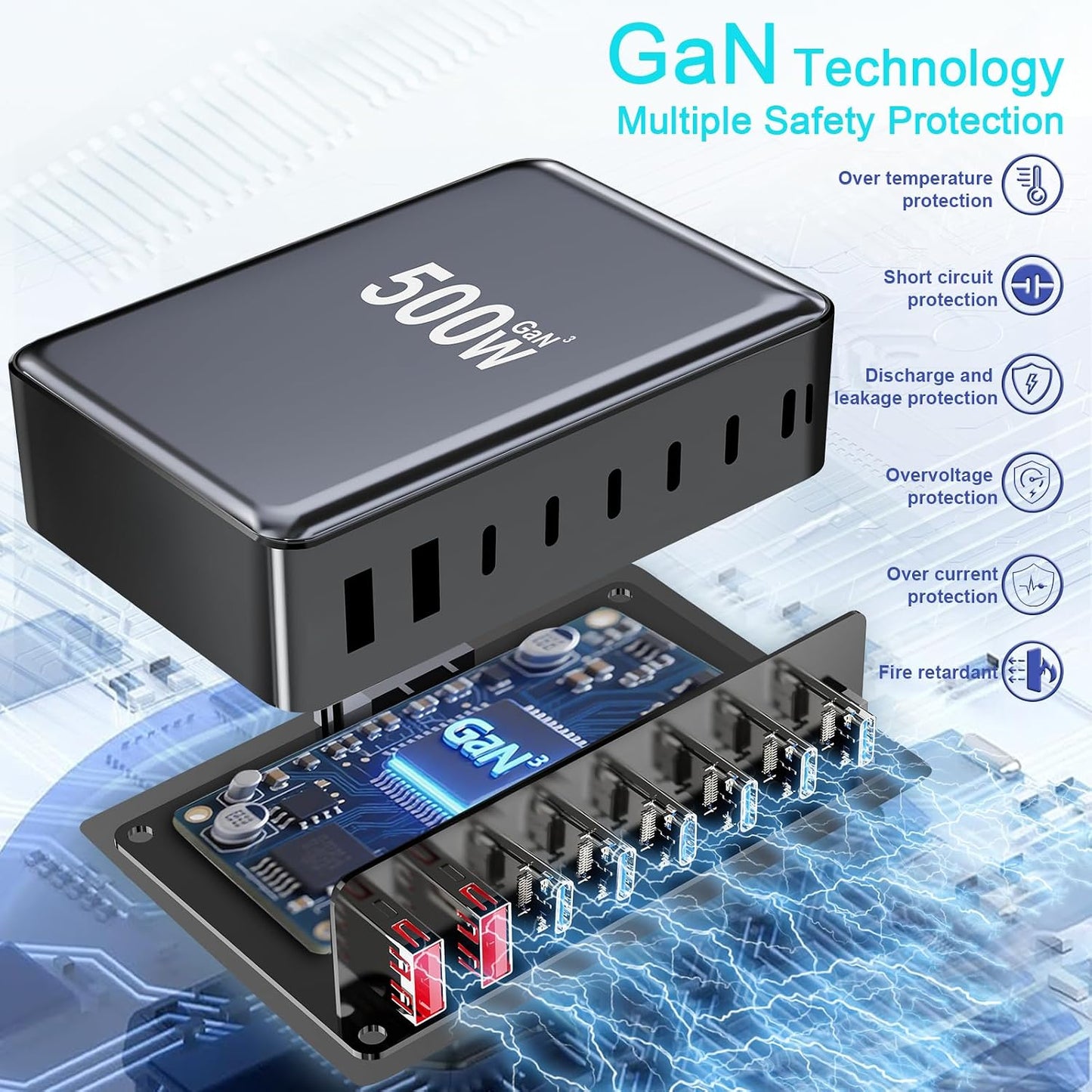 500W USB C Charger Block, Multi-port Fast USB Charging Station Dual PD 100W GaN Ⅲ Charging Station For Multiple Devices, Laptop Charger Adapter Compatible with MacBook, DELL, iPad, iPhone, Samsung etc