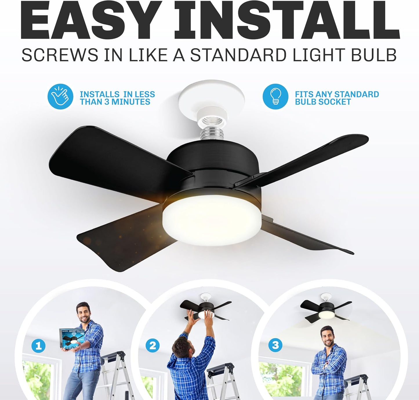 Bell+Howell Socket Breeze 15.4" Socket Fan Light with Remote | 3500K, 1000 Lumens, Portable, Small, Easy to Install Ceiling Fan Replacement for Bedroom, Kitchen, Living Room