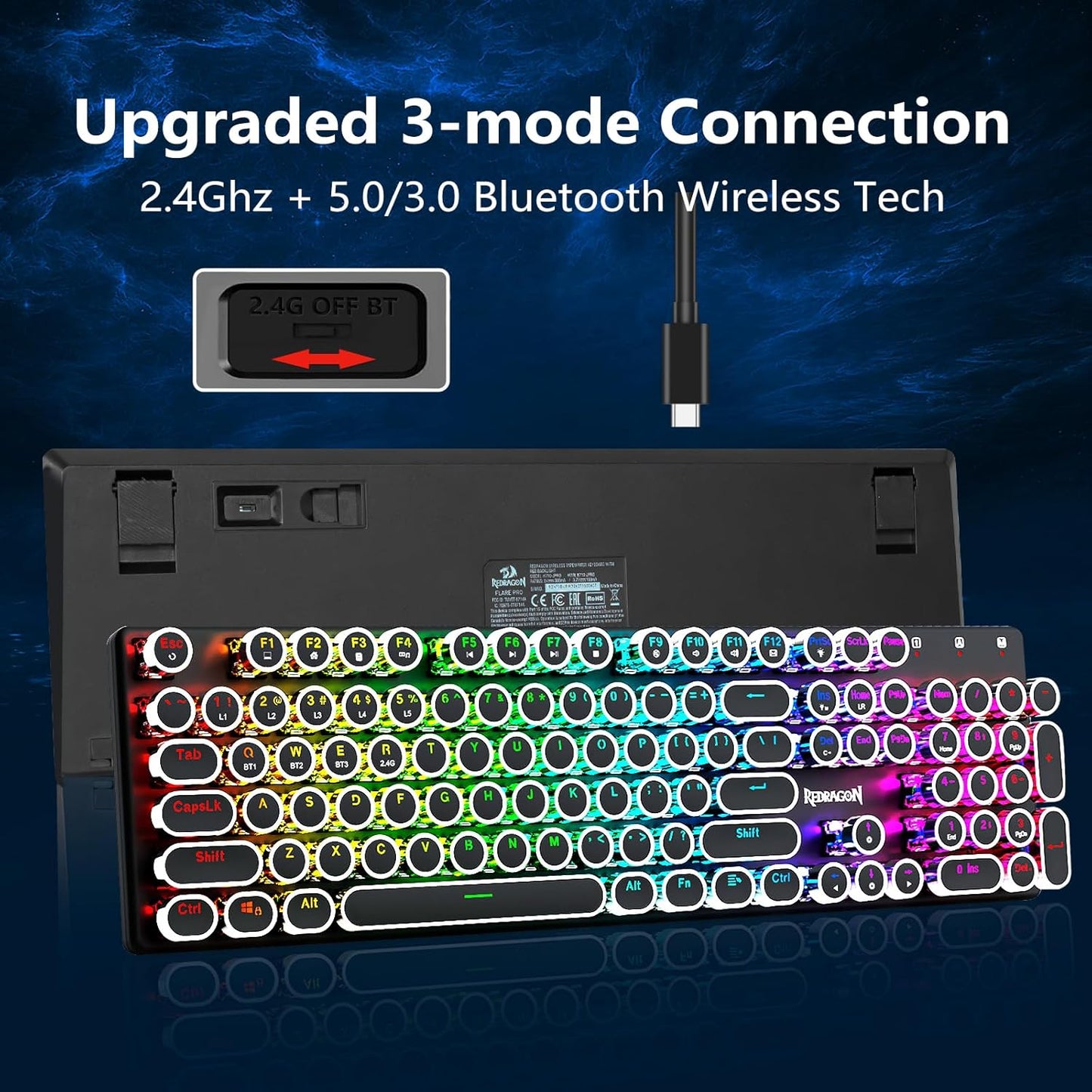 Redragon Wireless Typewriter Style Mechanical Gaming Keyboard, Black | Bluetooth/2.4Ghz/Wired, RGB Led Backlit, Blue Switch - Clicky, Rechargeable 4000mAh, Solid Metal Panel, Round Keycaps