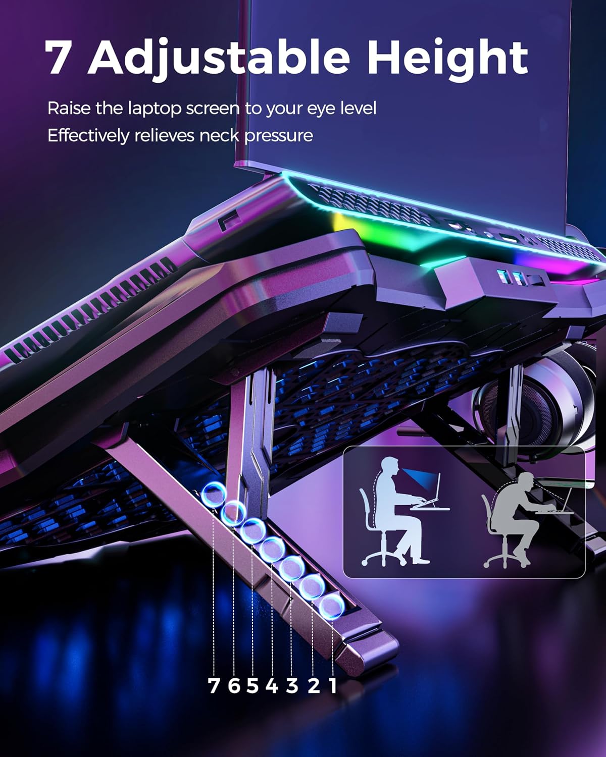 AICHESON Laptop Cooling Pad with 8 Cooler Fans for 15.6-17.3 Inch Computers | RGB Atmosphere Lights, Computer Base Stand with 7 Height Slots, Blue LED Lights with Fans, 2 USB Ports, AA3