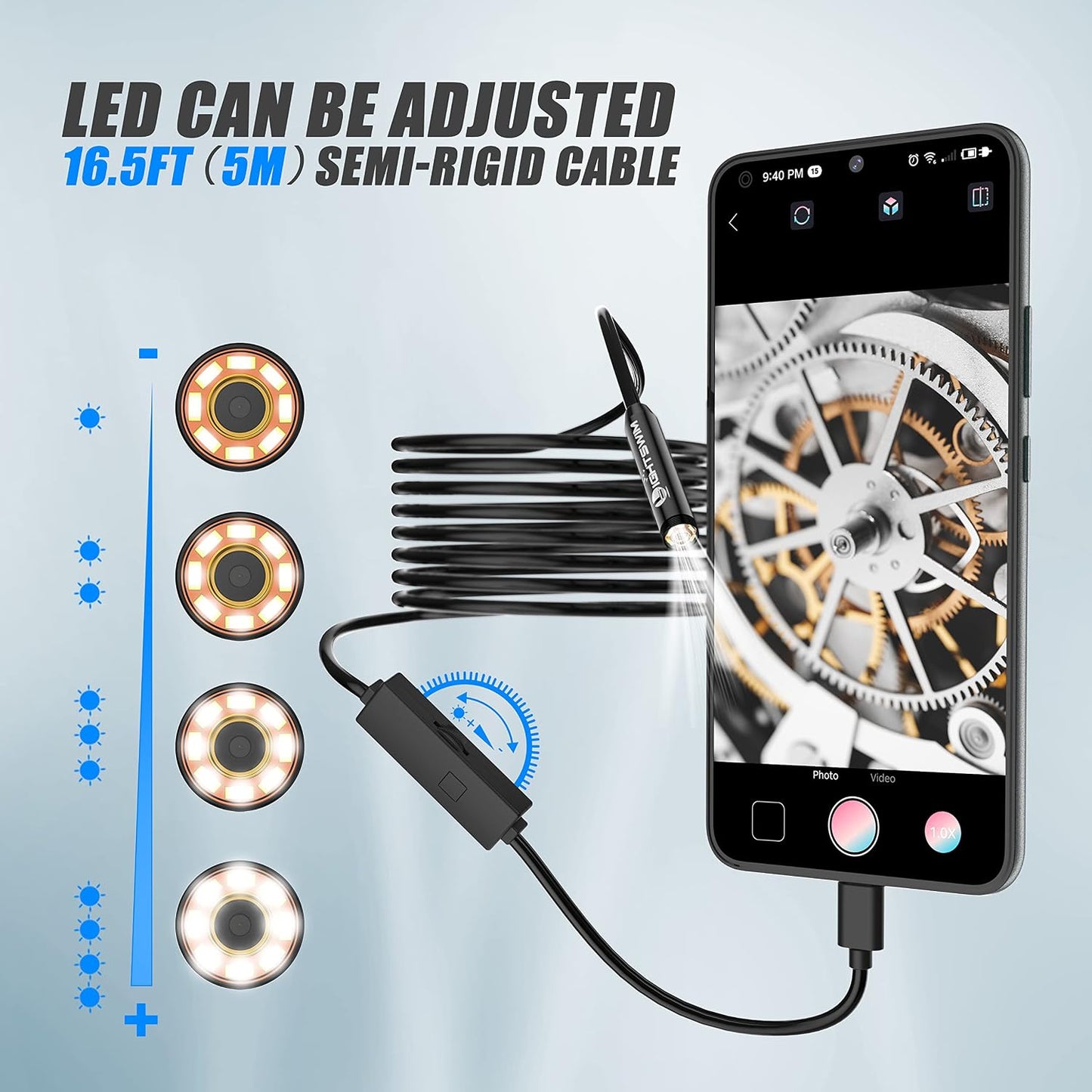 1920P Endoscope Snake Inspection Camera, Type C Borescope, Scope Camera with 8 LED Lights for Android and iOS Smartphone, iPhone, iPad, Samsung (16.5 FT/5M)