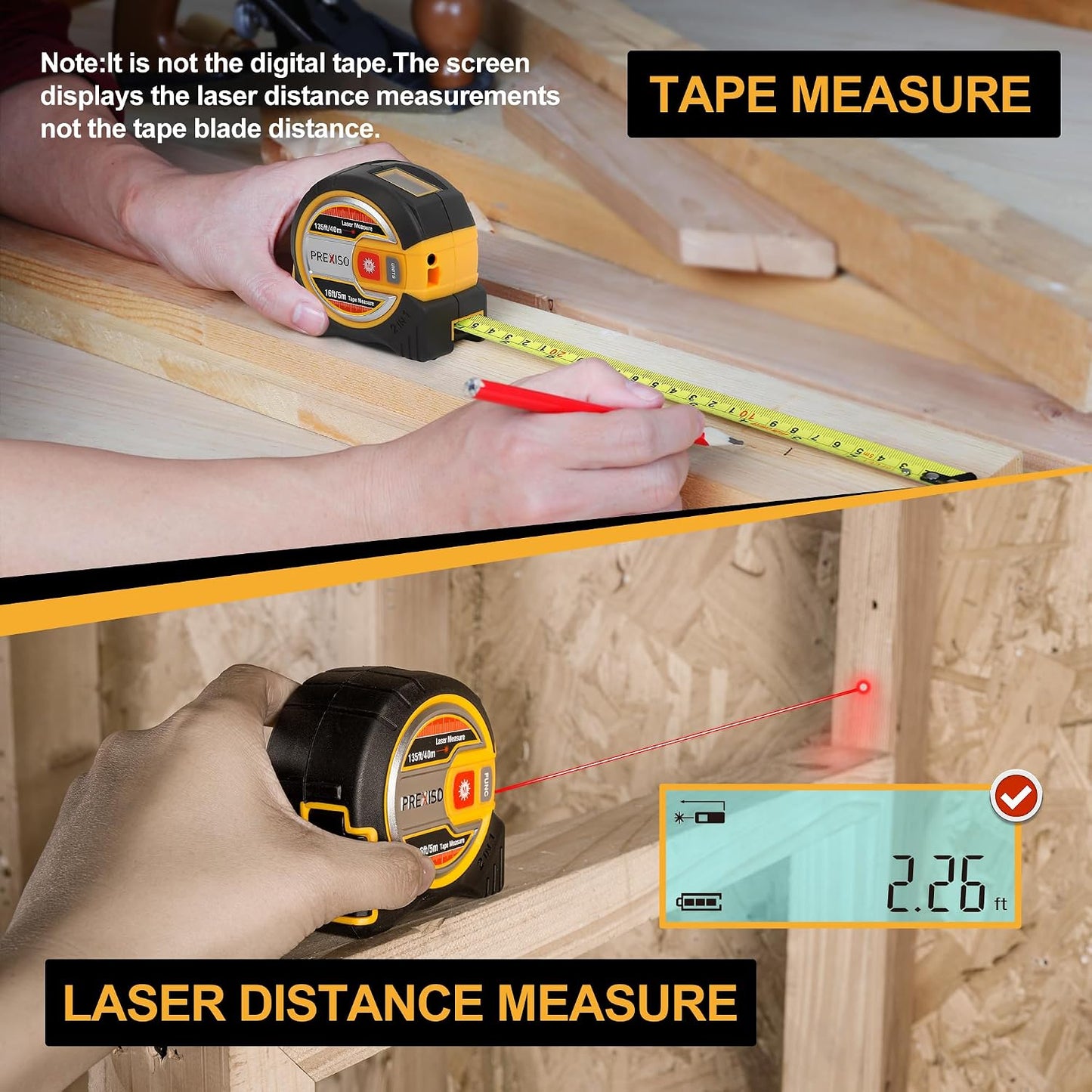PREXISO 2-in-1 Laser Tape Measure - NOT Digital - 135Ft Laser Measurement Tool & 16Ft Measuring Tape with Auto Lock & Movable Magnetic Hook - Pythagorean, Area, Volume, Ft/Ft+in/in/M Unit-NOT Digital
