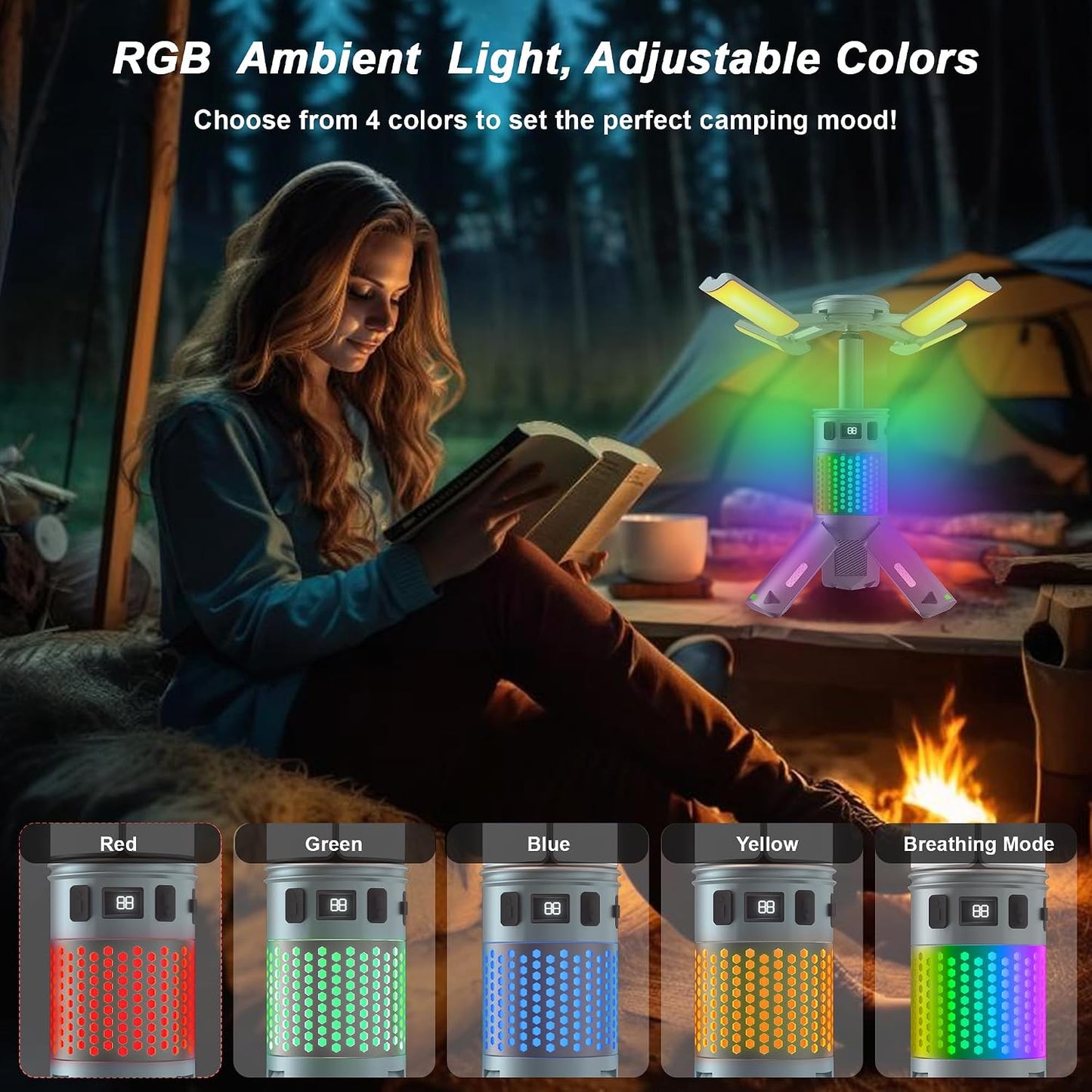 Camping Lights, Rechargeable Telescopic Camping Lights with Stand,12000mAh Camping Lanterns & Lights with RGB, Magnetic Base, Portable Flashlights for Camping, Hiking, Emergency