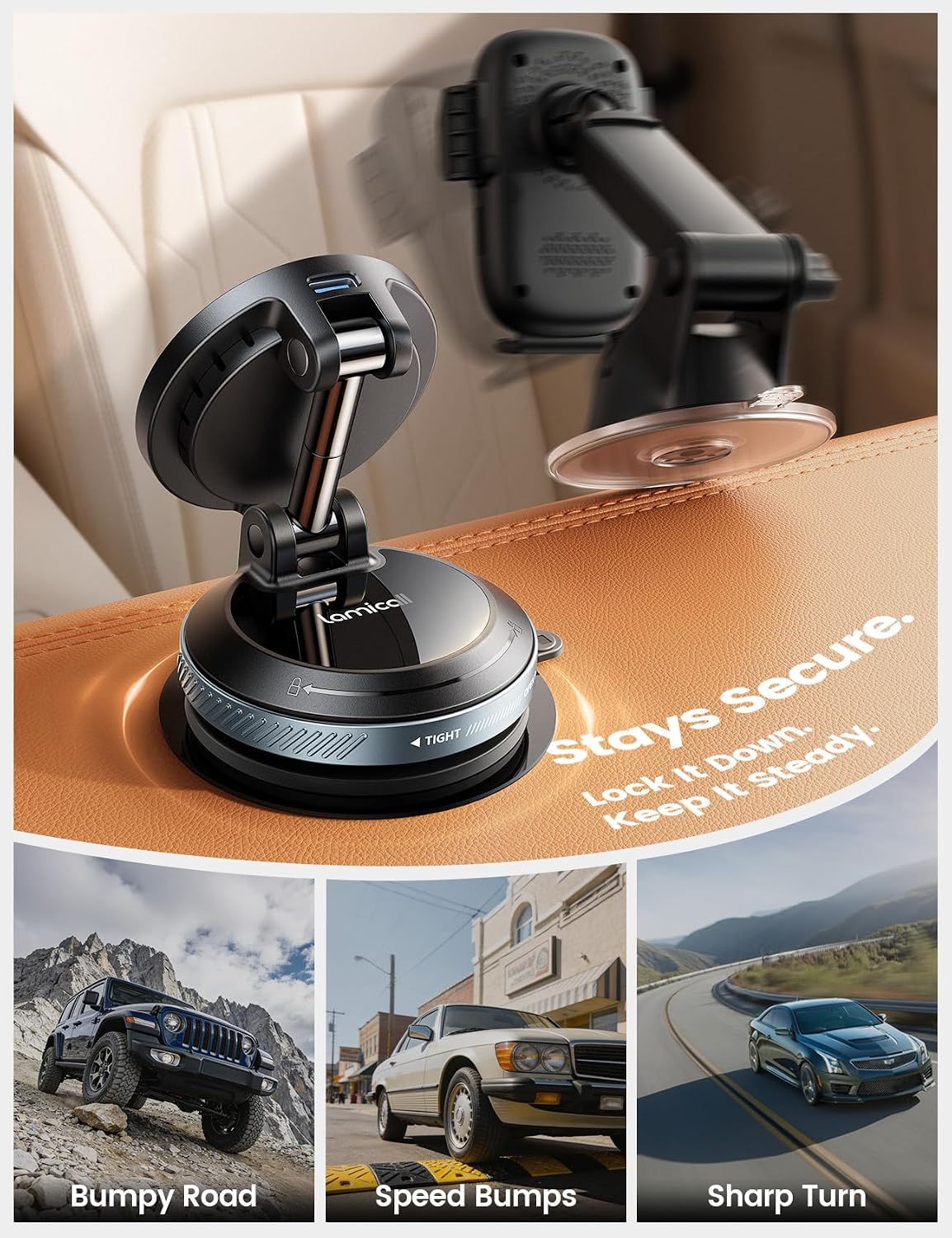 Lamicall 15W for MagSafe Car Mount Charger, 360° Wireless Car Phone Holder | Dual USB-C Ports Magnetic Phone Holder for Car, 70 LBS Vacuum Suction Phone Mount for iPhone 17 16 Pro Max Truck Jeep Black