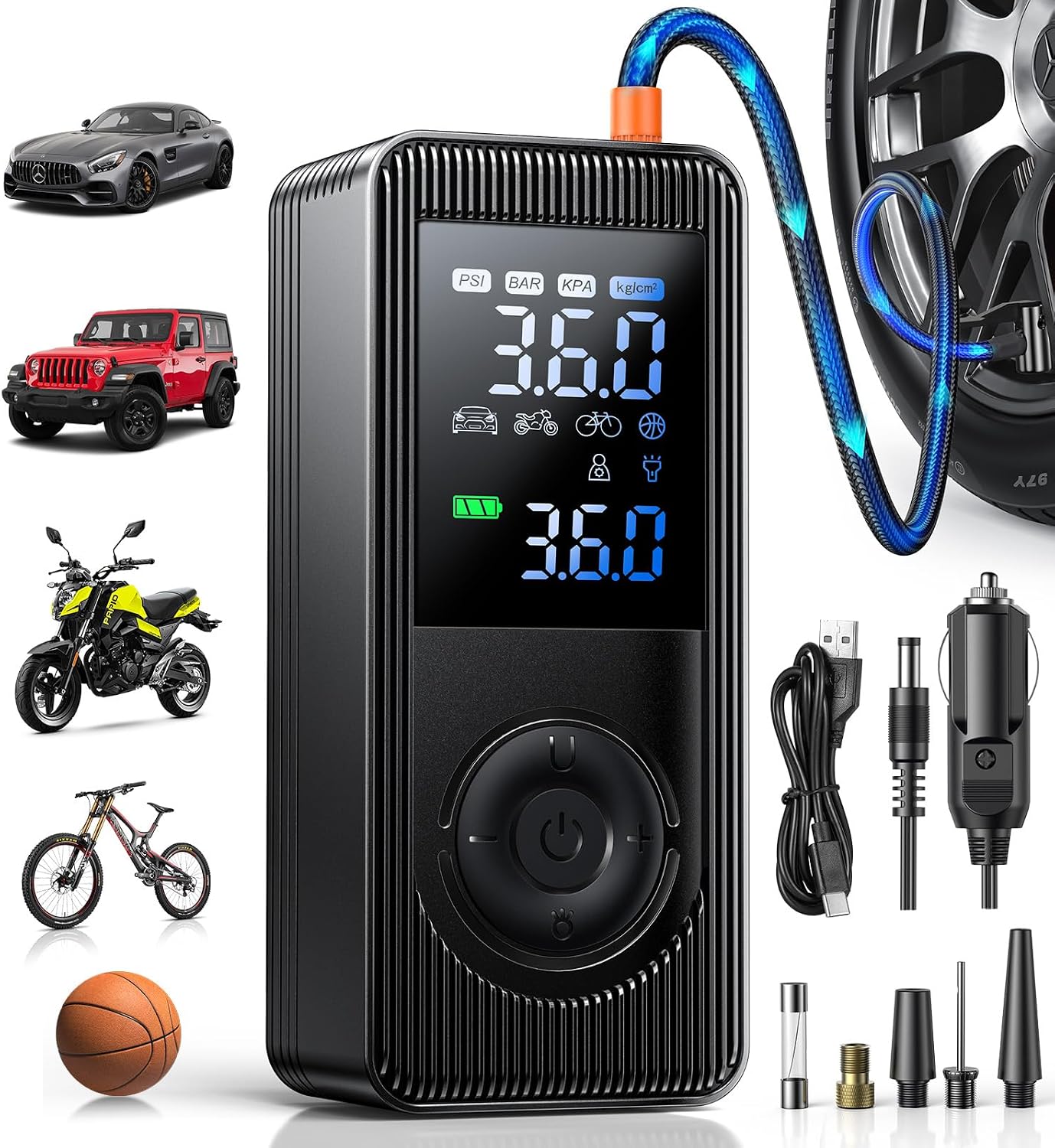 Tire Inflator Portable Air Compressor - 150 PSI 4X Fast Inflation Rechargeable Battery & 12V DC Adapter Powered Air Pump for Car Bike Motorcycle Tires Balls with LCD Display, LED Light