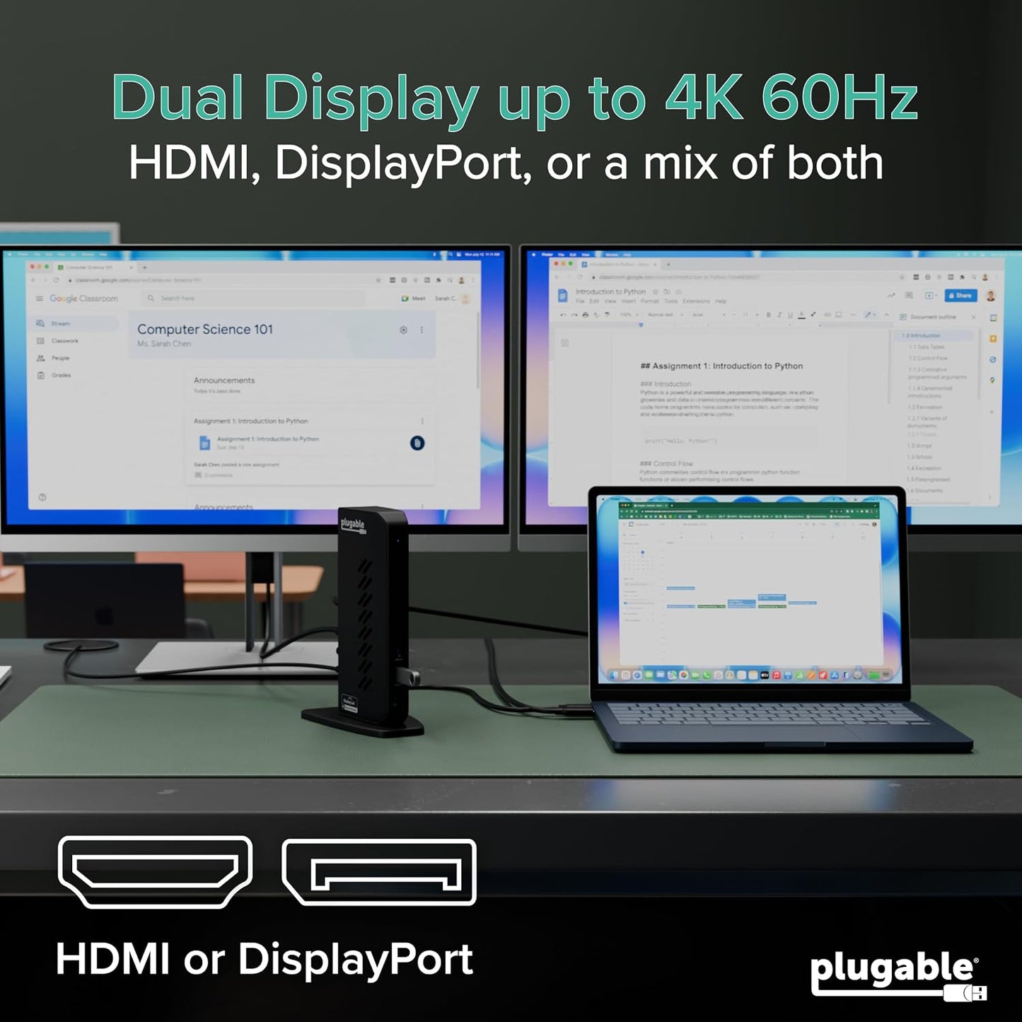 Plugable Dual DisplayPort & HDMI Docking Station - USB 3.0 & USB-C Laptop Dock for Dual Monitors, DisplayLink, Mac (Driver Required), ChromeOS & Windows, Gigabit Ethernet and Audio (UD-6950Z)