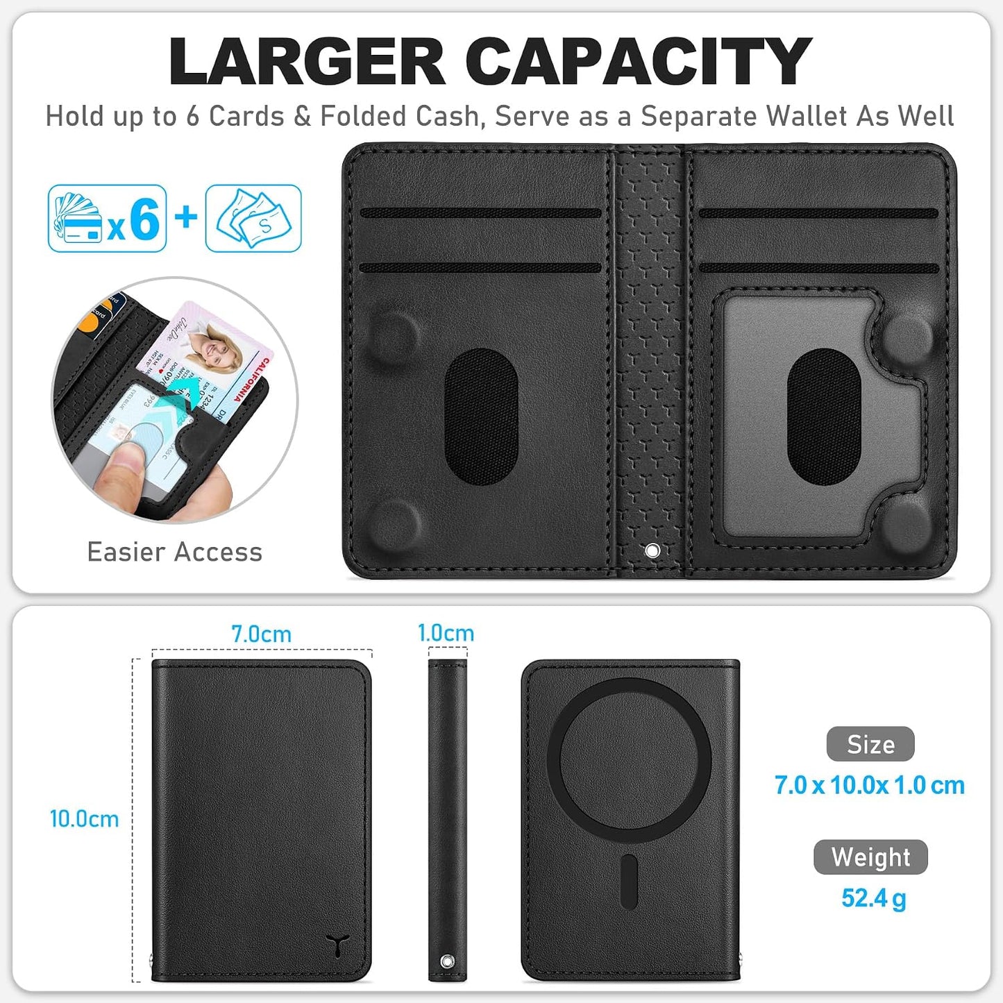 TUCCH for Magsafe Wallet with 6 Card Holders, RFID Blocking, Black | for iPhone 17/17e/16/15/14/13/12 Pro/Pro Max/Plus, Clear ID Window, Folio Magnetic Phone Wallet, PU Leather