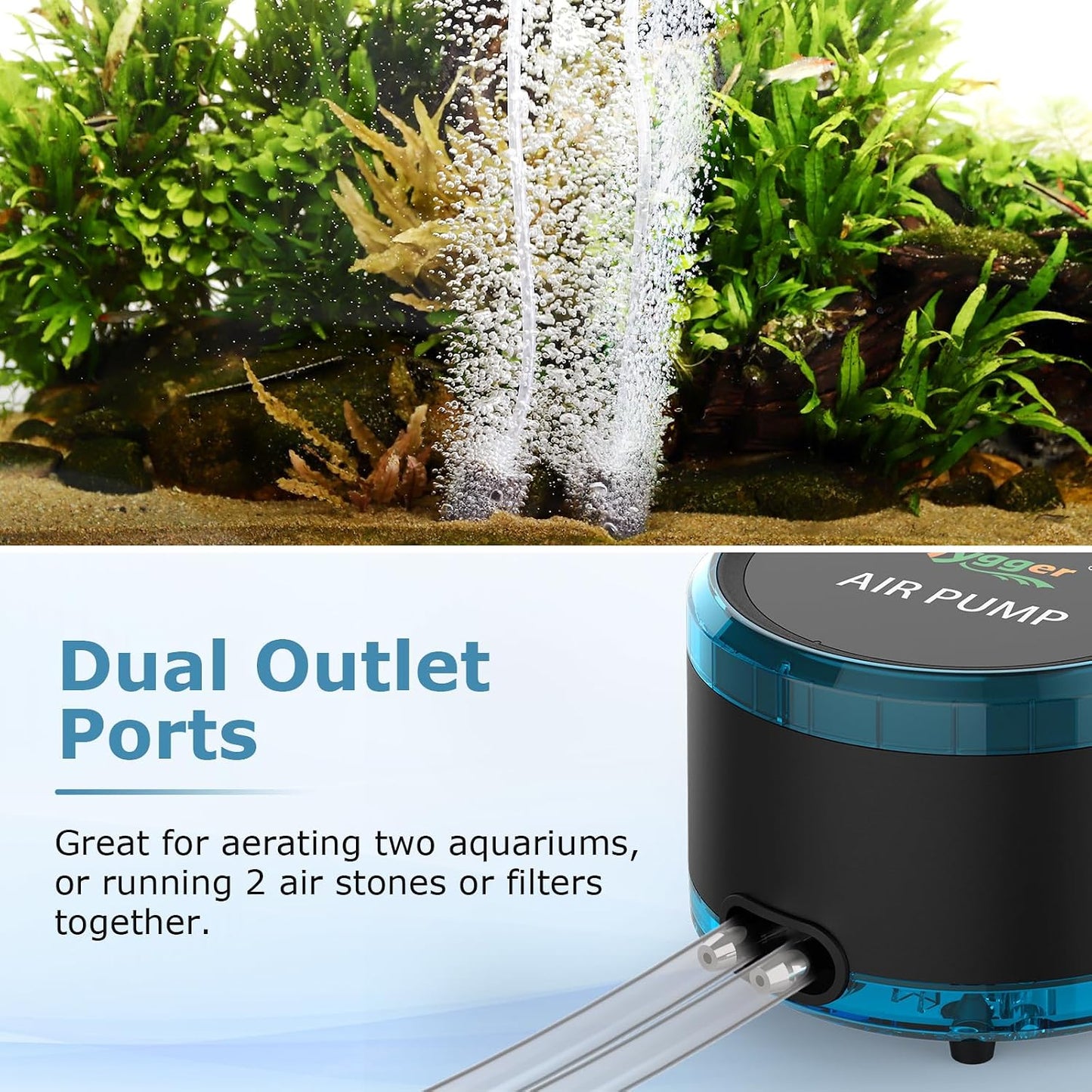 hygger Aquarium Air Pump Dual Outlet, Quiet Powerful Fish Tank Aerator 4W/8W, Adjustable Oxygen Pump with Air Stone, Bubbler for Fish Tank Up to 200 Gallon