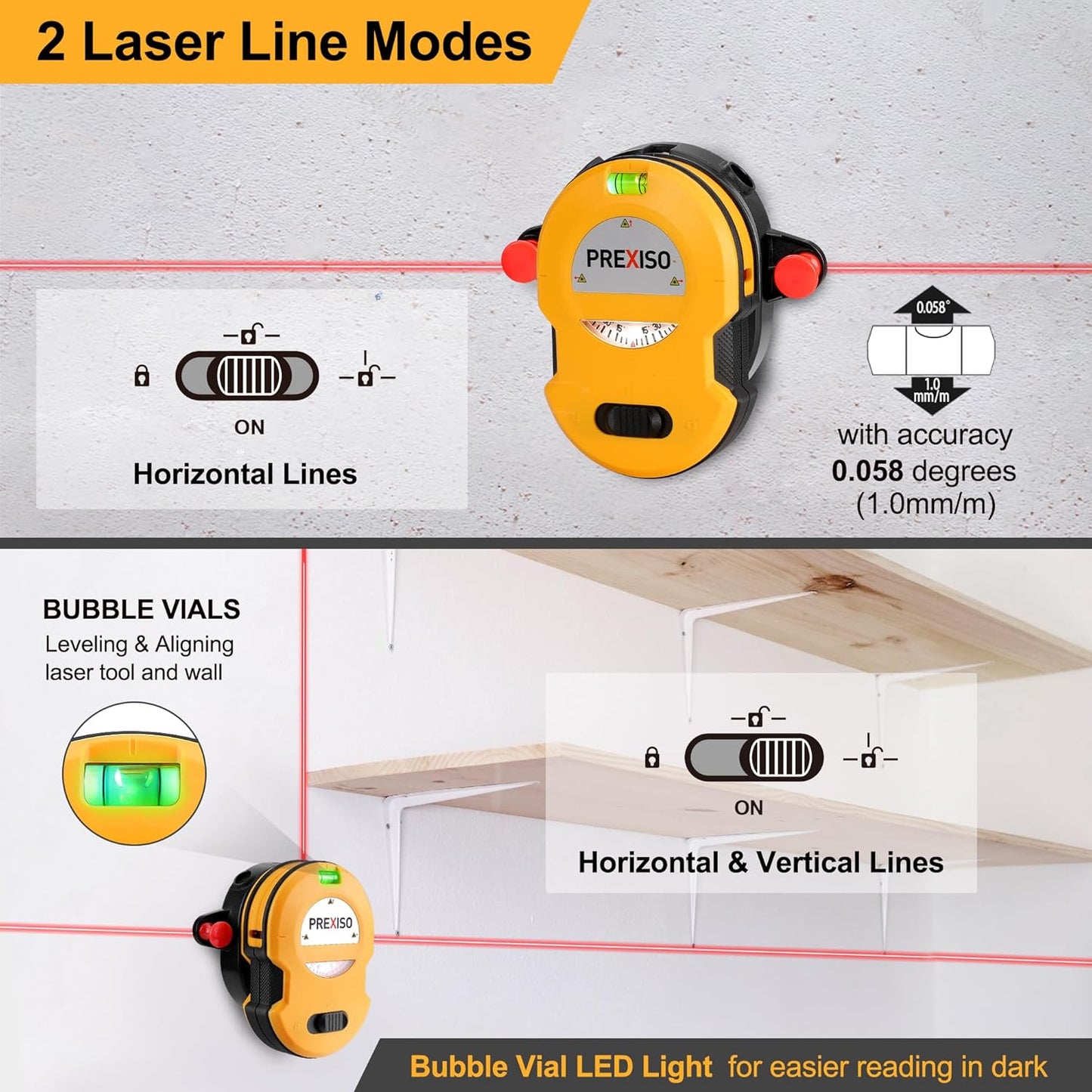 PREXISO Multi Surface Laser Level LED Light Vial, 30Ft Cross Line Laser | Clear Horizontal & Vertical Lines, Wall Mount, 2 Pins, 10 Sticker, 2 AA Batteries for Hanging Frames & Picture, Wall Marking