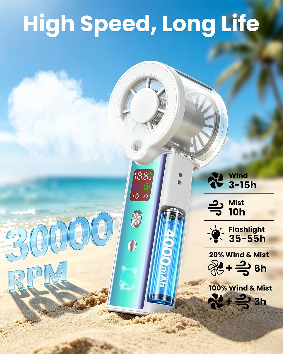 Portable Misting Fan with Mist, 3-in-1 Rechargeable Handheld 4000mAh | Adjustable mist mode, 100-speed wind control, LED display, power bank function, 30000RPM, compact & lightweight