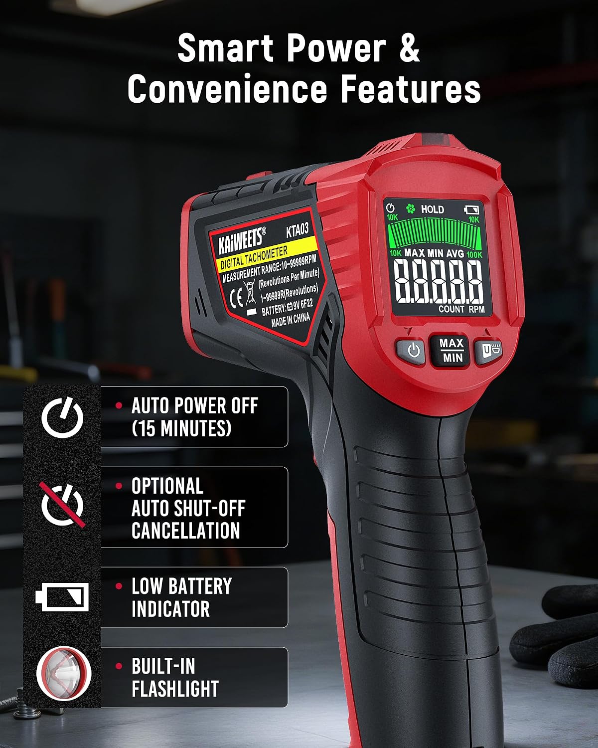 KAIWEETS Laser Tachometer Digital RPM Meter Non Contact Motor Speed Tester 10-99999 RPM, Handheld Tachometer with Large LCD Display, Max Min Memory, Reflective Tape for Engines Motors Fans