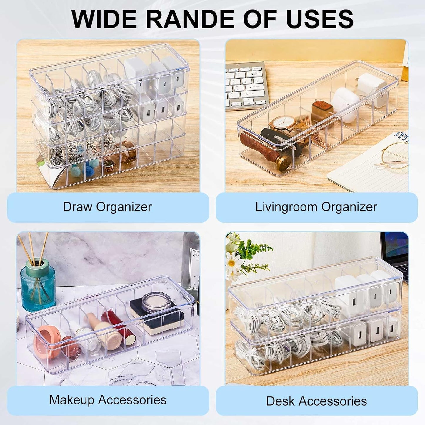Tatuo 2 Pcs Cord Organizer for Drawer Desktop, Cable Organizer Box with 8 Compartments and Wire Ties, Plastic Charger Storage with Lid, Electronics Case for Home Office Accessories (Small,Clear)