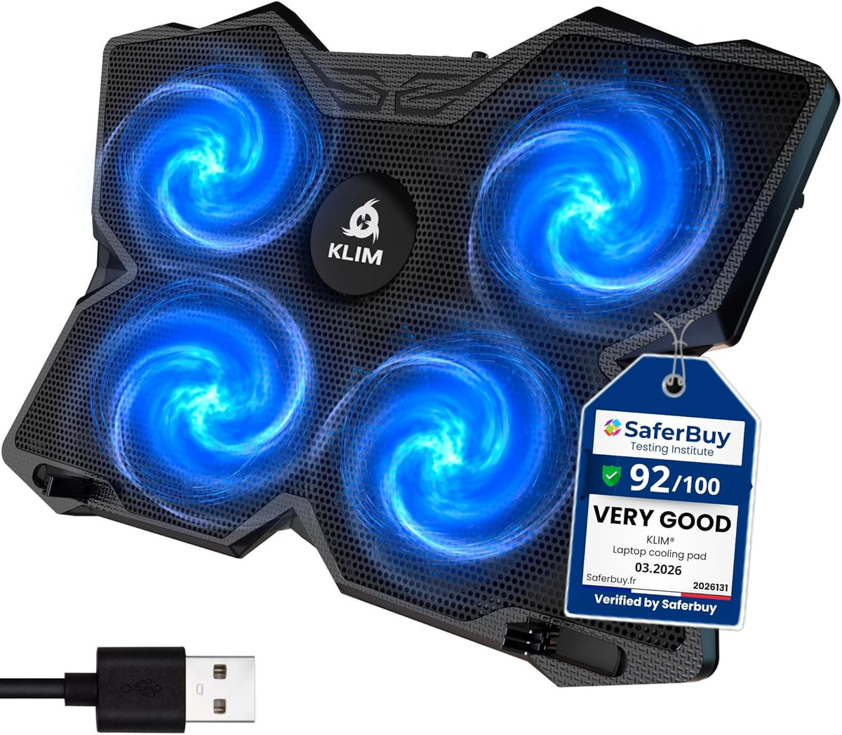 KLIM Wind Laptop Cooling Pad - More Than 500 000 Units Sold - New Version - The Most Powerful Rapid Action Cooling Fan - Laptop Stand with 4 Cooling Fans at 1200 RPM - USB Fan - PS5 PS4 - Blue