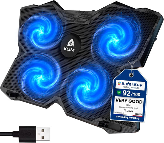 KLIM Wind Laptop Cooling Pad - More Than 500 000 Units Sold - New Version - The Most Powerful Rapid Action Cooling Fan - Laptop Stand with 4 Cooling Fans at 1200 RPM - USB Fan - PS5 PS4 - Blue