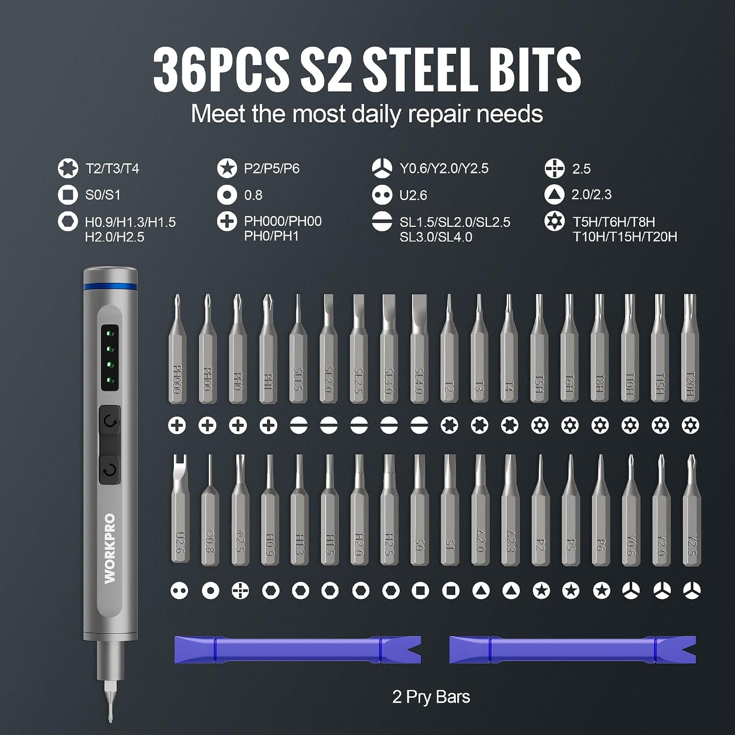 WORKPRO 42-in-1 Mini Electric Screwdriver, Precision Screwdriver Set | 36 S2 Steel Bits & 2 Pry Bars, 3.7V Type-C Rechargeable, Magnetic Storage, Repair Tool for Electronics Phone Camera & Laptop