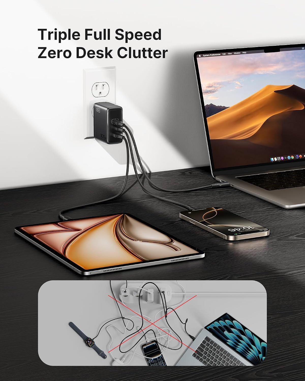 INIU 100W USB C Charger, 3-Port GaN Fast Charging Block with 5ft USBC Cable | 30% Smaller, Foldable Plug, GaN Tech, Multi Port, Travel Laptop Charger for MacBook Pro Air Neo, iPhone 17, Samsung, Dell etc