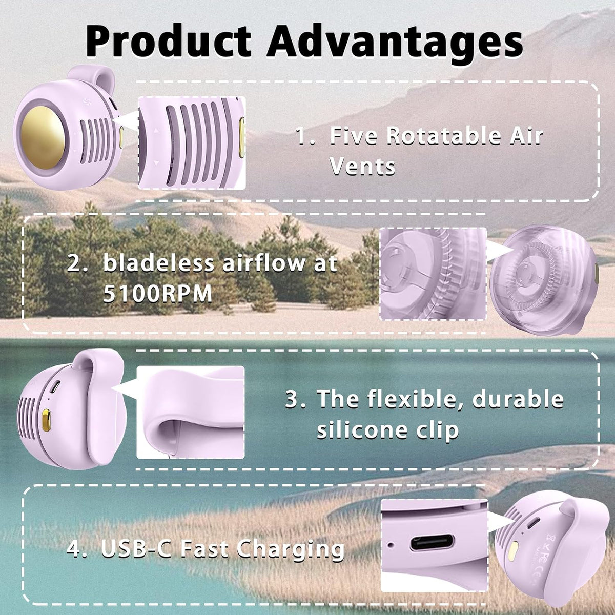 Portable Clip-On Fan, Mini USB Rechargeable 360° Rotatable Fan, 3-Speed Silent Mini Bladeless Fans